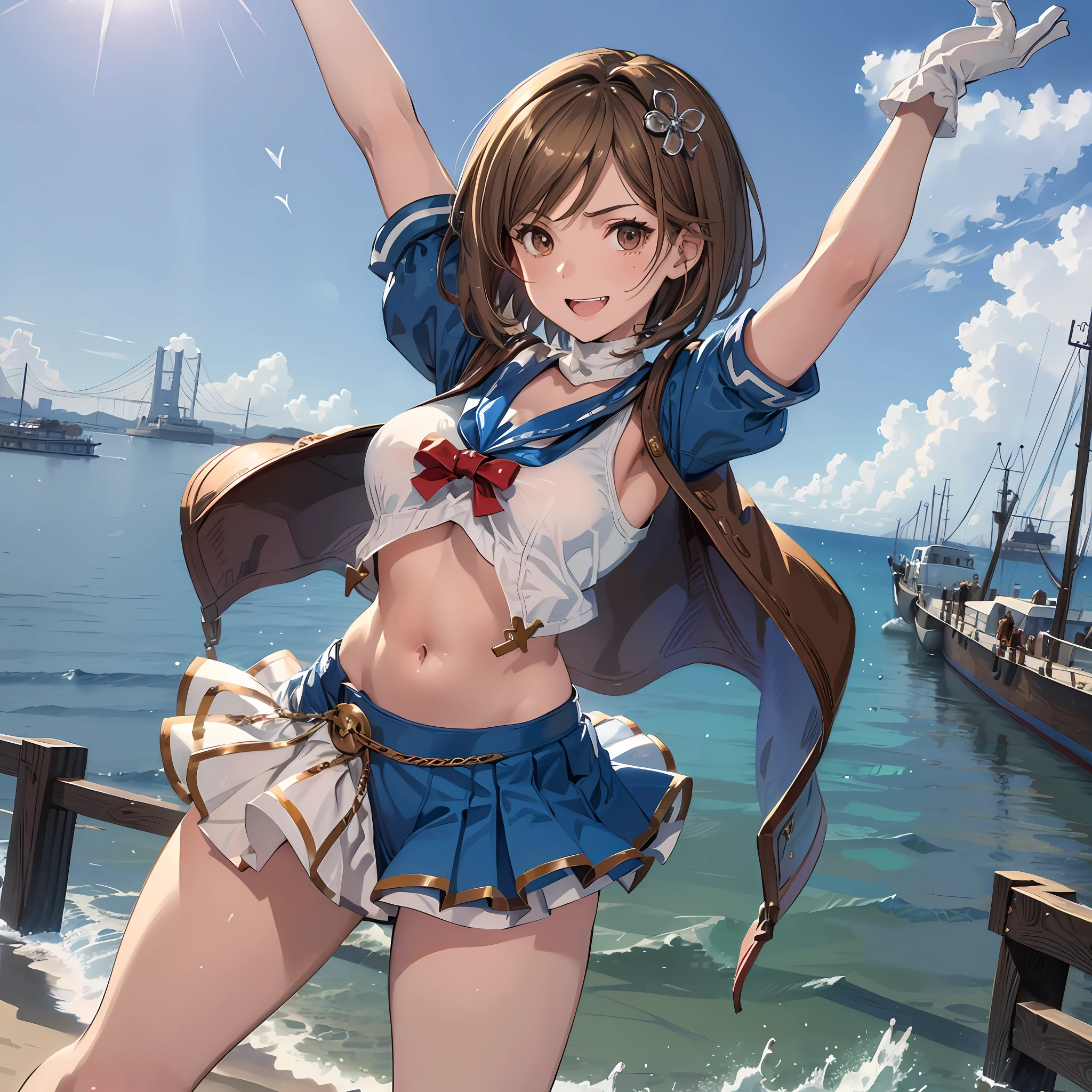 ung_teeirl,brown_hair、medium_bob_hair,blue_midriff_baring_sailor_uniform,mini_skirt,short_sleeve,thigh,huge_,angry,smile,open_mouth,standing,harbor_background, slightly_spread_legs, Happiness, NSFW, short_gloves ,solo