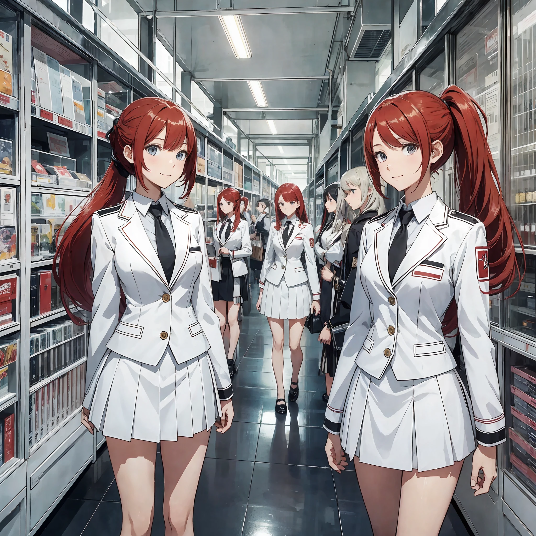 perfect anime illustration, multiple girls, thousands of girls, millions of girls, clones, identical sisters, red hair, ponytail, matching hairstyle, hazel eyes, smiling, white skin, matching outfits, black blazers, white skirts, neckties, businesswomen, high heels, office, highres, full body, bare legs, neat rows of sisters, neat columns of sisters, sisters standing in formation, sisters in background