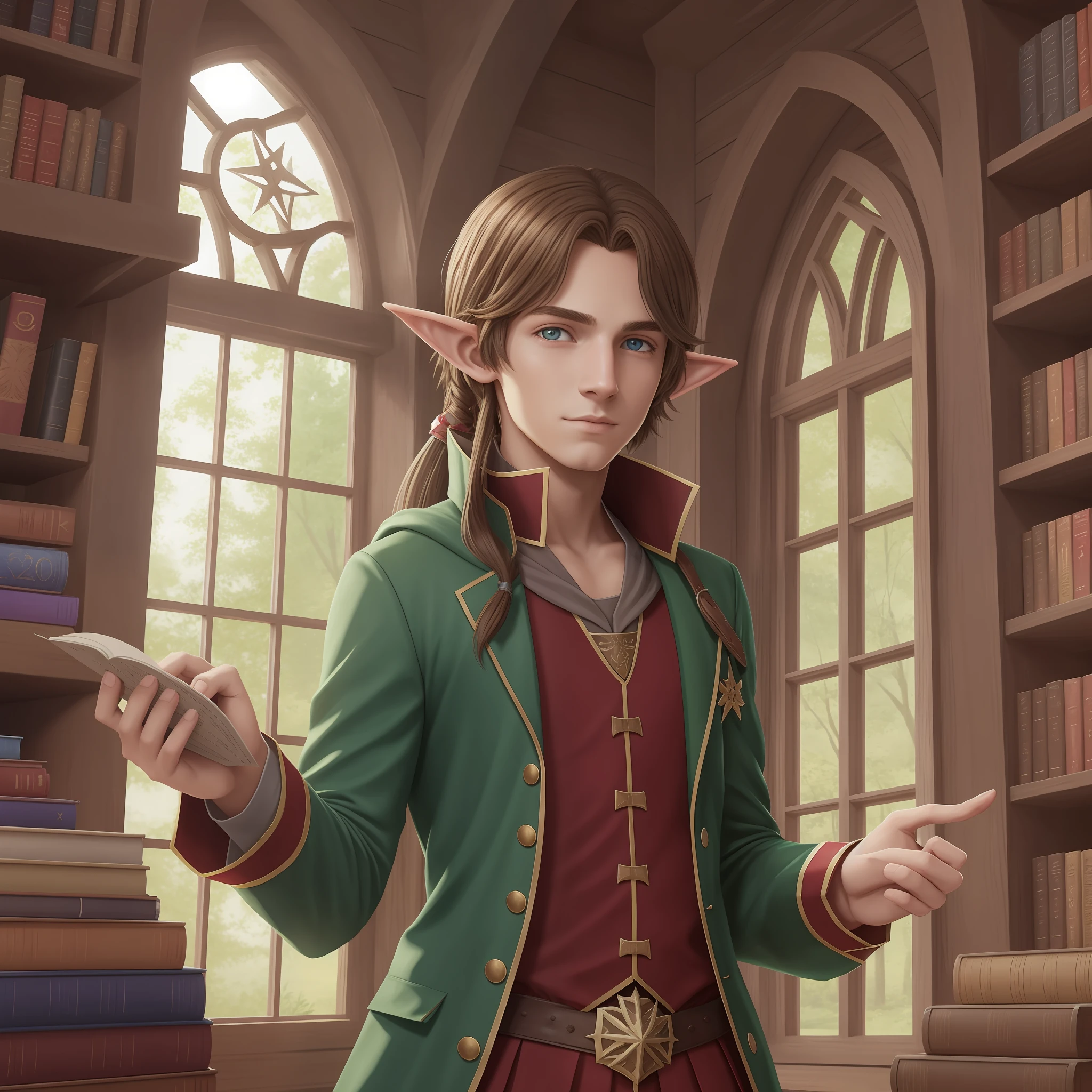 (a half elf sorcerer:1.3+teenage man:0.8), magical school, island, books, magic, red and white school uniform,magical rituals,chaos magic, school,island, adventure. --auto --s2
