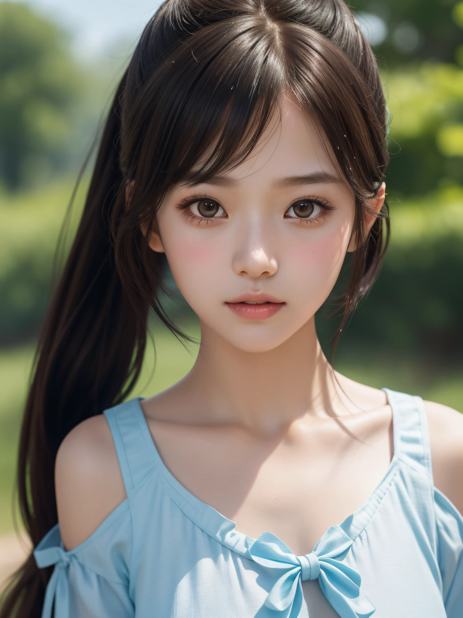 Arafe asian woman with very long hair and cute dress, soft portrait shot 8k, photorealistic anime, cute fine face of a girl, beautiful anime portrait, beautiful portrait image, Ilya Kuvshinov. 4K, smooth anime CG art, anime. Soft lighting, realistic portrait cute, cute natural anime face, Sakimi-chan, upper body, knee shot, amazing dress, (Jacksonville: 1.5), close-up, masterpiece, best quality, raw photo, photorealistic, face, incredibly ridiculous, beautiful girl, cute, short hair, depth of field, high resolution, ultra detail, fine detail, Very detailed, very detailed eyes and face, sharp pupils, realistic pupils, sharp focus, cinematic lighting, one girl, highest quality, lifelike, photorealistic, very elaborate, very delicate and beautiful whole body, 【cute, ribbon, school setting: 1.3], brown hair, brown eyes, small head, beautiful eyes, small breasts, bare face, realistic skin, fine eyes, fine face, fine face, detailed clothing features ( School uniform: 1.3), (shoulder-length ponytail: 1.3) Dynamic poses, stare at the viewer, detailed face and chest