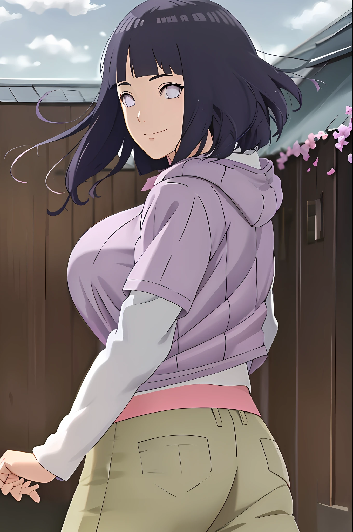 masterpiece, absurdres , (intricate details), (colorful),cinematic lighting,extremely detailed CG unity 8k wallpaper ,hinata\(boruto\), 1girl, solo, purple hoodie ,brown pants,layered sleeves, cowboy shot, looking back, looking at viewer,smile, outdoors, lavender flower field,flower, day, cloudy sky, wind, floating hair, falling petals, super large boobs