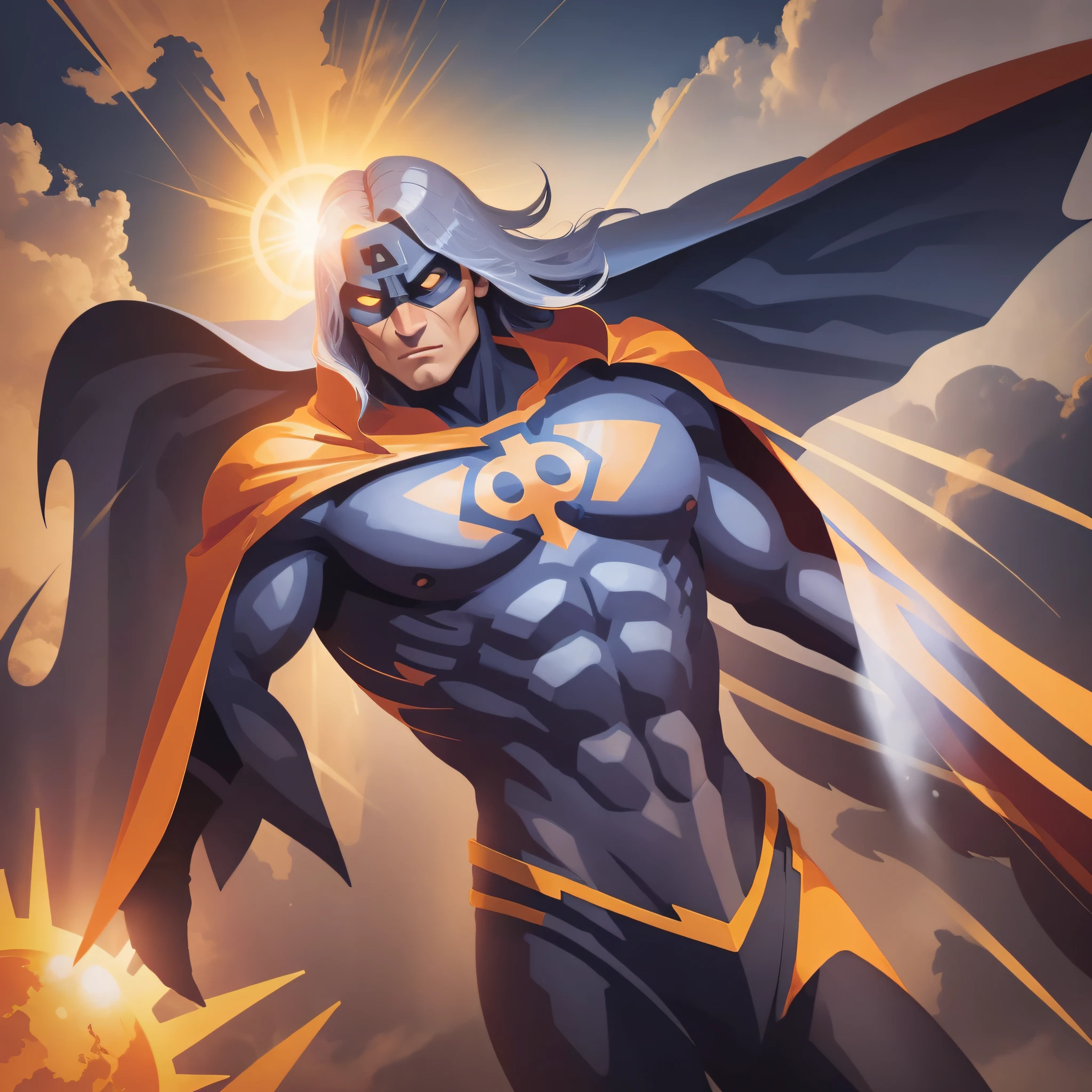 A powerful superhero stands against the sun with his cape flying after defeating a supervillain