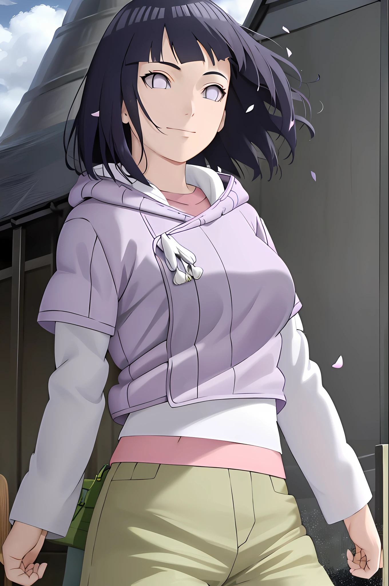 masterpiece, absurdres , (intricate details), (colorful),cinematic lighting,extremely detailed CG unity 8k wallpaper ,hinata\(boruto\), 1girl, solo, purple hoodie ,brown pants,layered sleeves, cowboy shot,  looking back, looking at viewer,smile, outdoors, lavender flower field,flower, day, cloudy sky, wind, floating hair, falling petals, big boobs