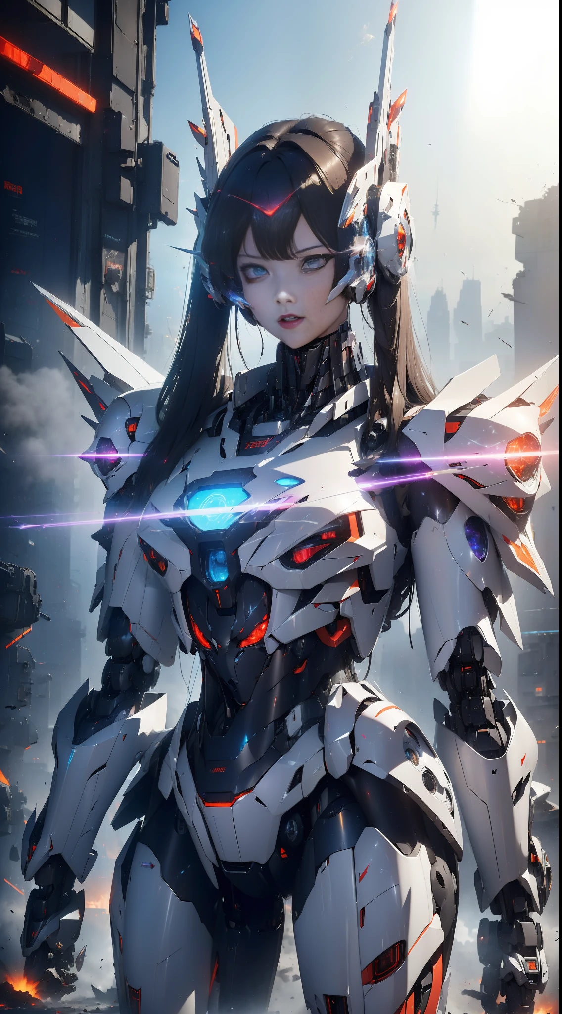 (mecha-armored:1.4) female warrior, stylish sleek design, form-fitting armor, (over-the-shoulder:1.2) perspective, urban war zone, destroyed buildings and fires in the background, (smoke and debris:1.3), sharp sunset silhouette, inspired by Evangelion (Yoshiyuki Sadamoto:1.2), intense glowing eyes, holding a massive (energy sword:1.2), vivid colors, striking contrast, badass