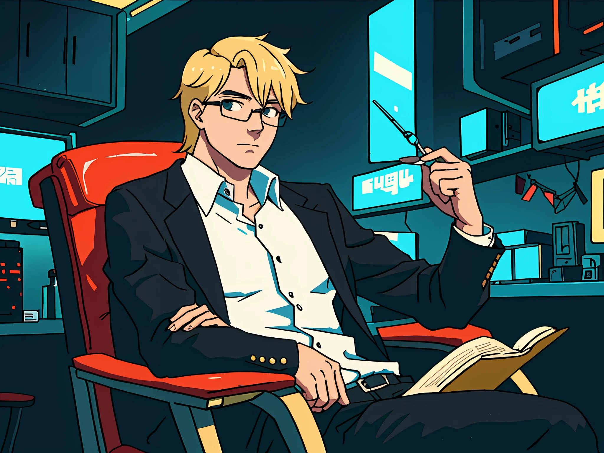 Bespectacled blonde man sitting in a chair with his hand on his chin, cyberpunk anime