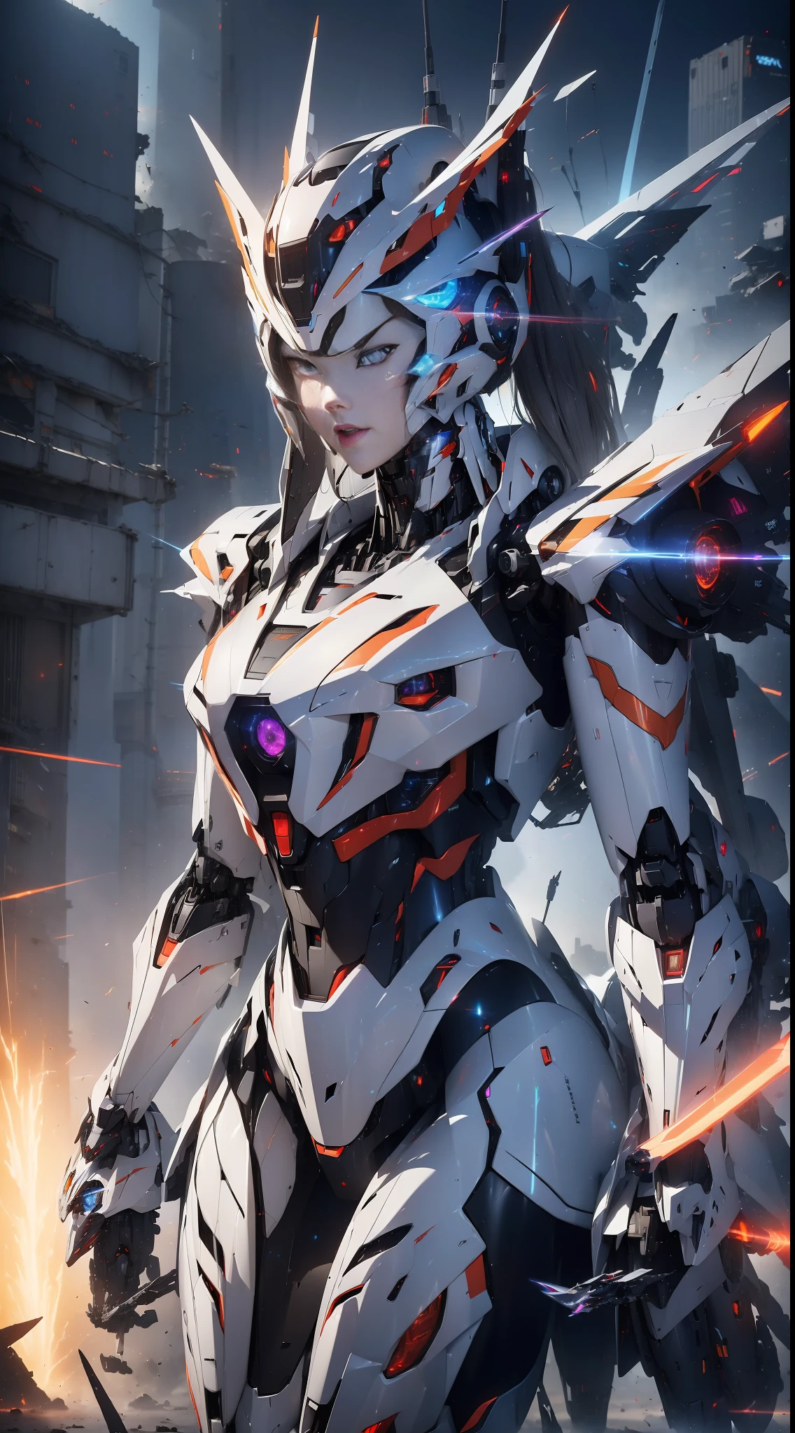 (mecha-armored:1.4) female warrior, stylish sleek design, form-fitting armor, (over-the-shoulder:1.2) perspective, urban war zone, destroyed buildings and fires in the background, (smoke and debris:1.3), sharp sunset silhouette, inspired by Evangelion (Yoshiyuki Sadamoto:1.2), intense glowing eyes, holding a massive (energy sword:1.2), vivid colors, striking contrast, badass