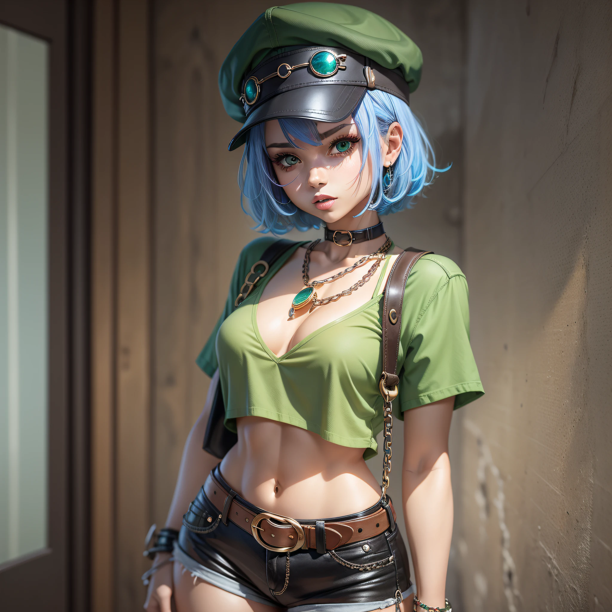 woman, defined body, small breasts, short shorts, cropped blouse, colored hair, green left eye, blue right eye, black cap, chain accessories, wristwatch, femenino belt