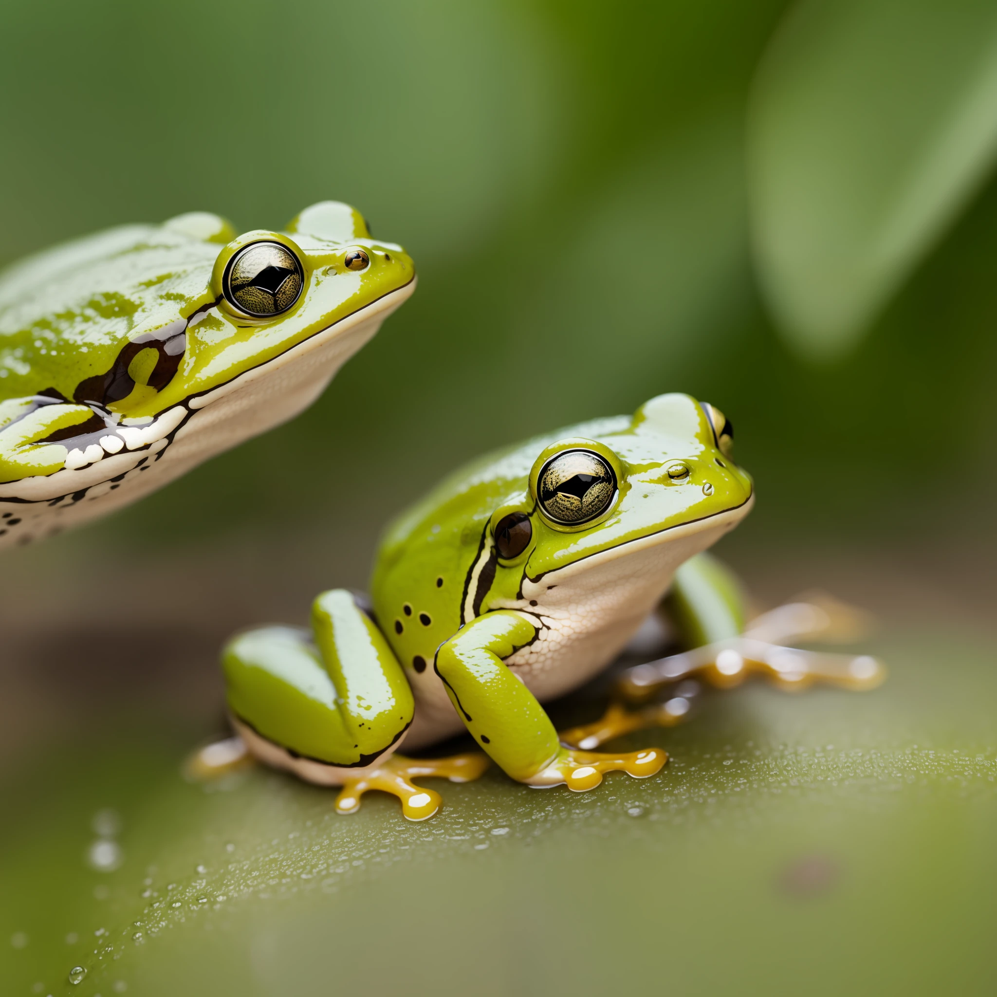 frog photographed with a Nikon D850 DSLR and 105mm f/2.8G IF-ED VR Micro lens, photorealistic, ground level shooting, natural light, depth of field, macro landscape photography, raindrops on the skin --air 3:2 --auto --s2