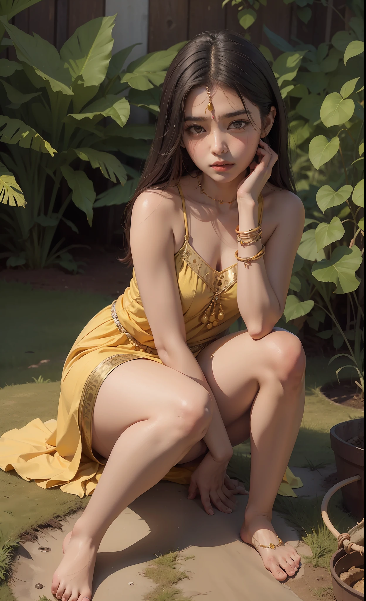 concept art, small chest, hips, look at viewer, sitting on ground, low ground view, legs spread, shy blush face, sexual expression, 1 Indian girl, wearing Indian dress, dark yellow colour dress,  bare shoulder,unconcerned, NSFW, quality, in the garden, contrast, dark, little chubby,