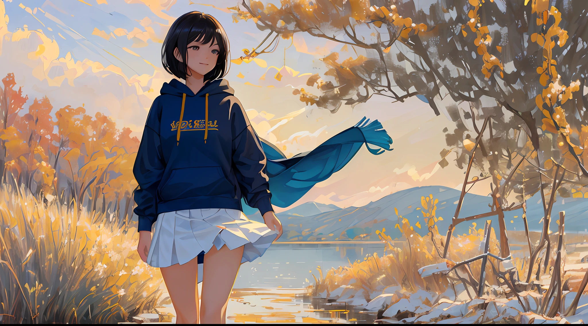 (Masterpiece), (Best Quality), (Super Detailed), (Well-groomed Hair), (Illustration), (1 Girl), (Interview), (Brief Background), Beautiful Detailed Eyes, Delicate Beautiful Face, Floating, (High Saturation), (Shine), Black Hair,, Impressive, Short Hair, Girl, Maiden in Love, pixiv Illustration, Best Quality, Super Detail, Beautiful Face, 8K, Park, Retrospective, Neat, Best Image Quality, Very Beautiful, Moist and beautiful eyes, slender body, young, delicate and detailed eyes, blushing cheeks, cheerful, walking with dog, school, school main, background, smile, walking with a thigh, profile, smile, hoodie, skip, miniskirt,