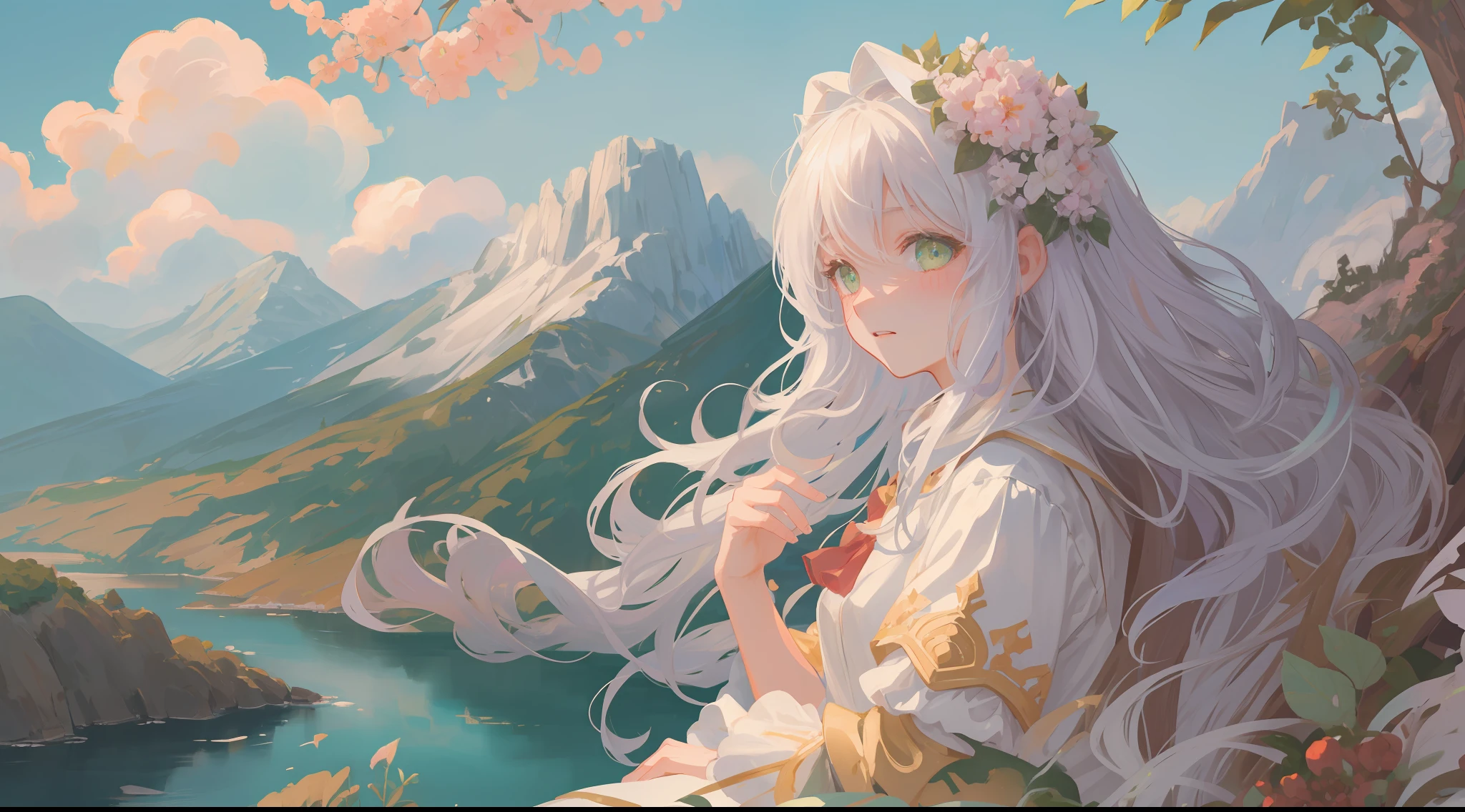 (1girl:1.2), slight blush, hands down, wavy hair, long hair, fluffy hair, white hair, green eyes, sakura tree, hair flower, capelet, lace trim, bodice, wind, winter, mountain range, mountain sitting near mountain, detailed water, sparkling eyes, light smile, peaceful, extremely detailed, depth of field, cinematic lighting, Ghibli-like colours, high detail, scenery, high place, horizon, wind, wind blow, looking at viewer, lolita clothes, 8k, bokeh, from side, award winning, (masterpiece:1.2), best quality, anatomically correct, perfect hands