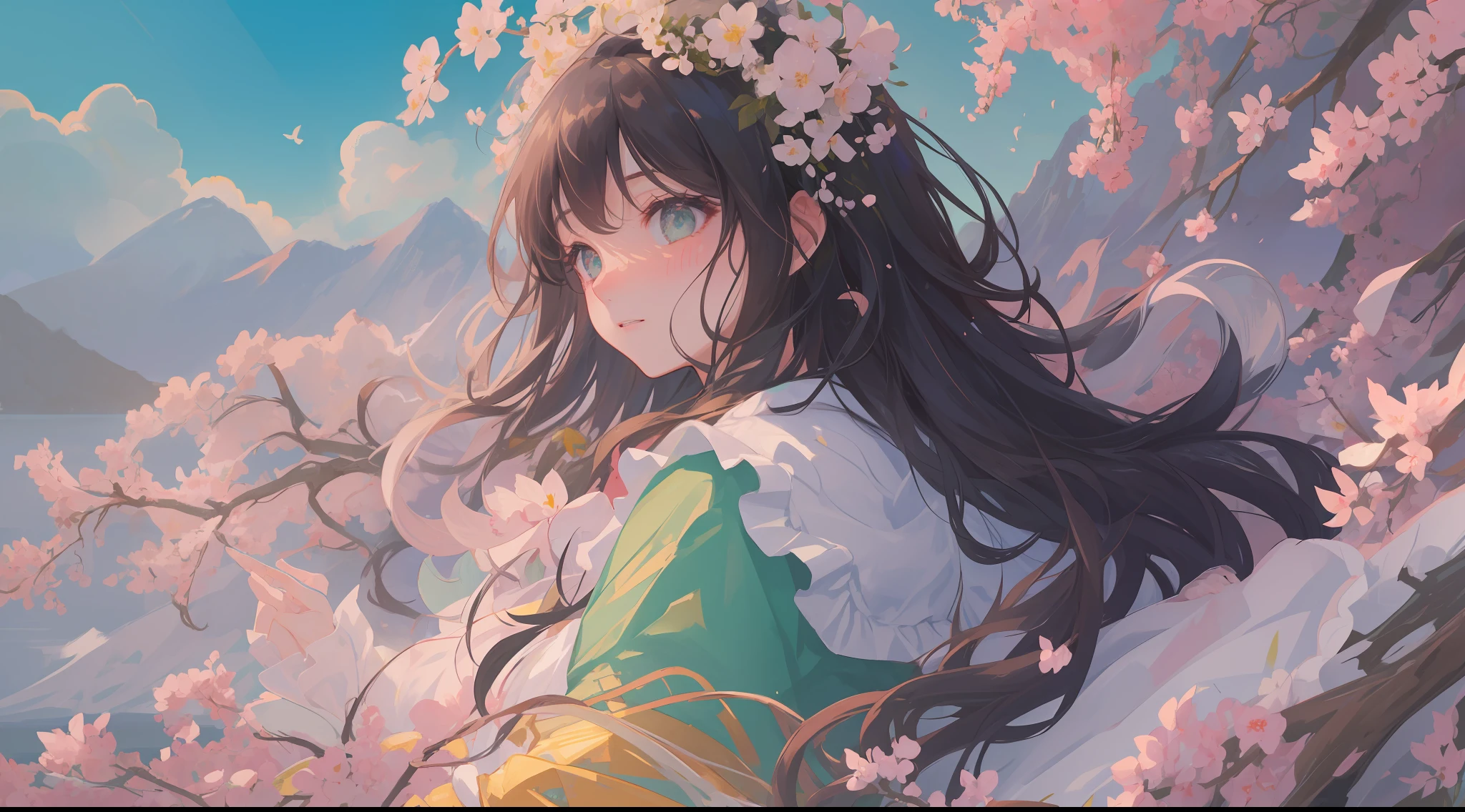 (1girl:1.2), slight blush, hands down, wavy hair, long hair, fluffy hair, black hair, green eyes, sakura tree, hair flower, capelet, lace trim, bodice, wind, winter, mountain range, mountain sitting near mountain, detailed water, sparkling eyes, light smile, peaceful, extremely detailed, depth of field, cinematic lighting, Ghibli-like colours, high detail, scenery, high place, horizon, wind, wind blow, looking at viewer, lolita clothes, 8k, bokeh, from side, award winning, (masterpiece:1.2), best quality, anatomically correct, perfect hands