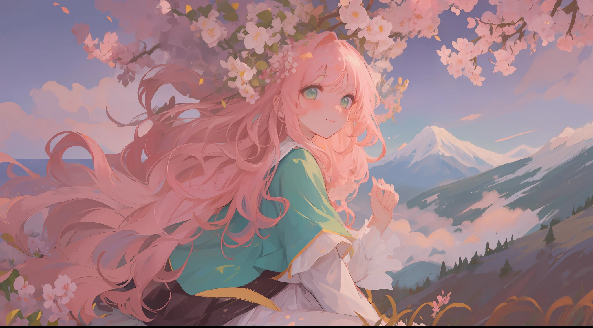 (1girl:1.2), slight blush, hands down, wavy hair, long hair, fluffy hair, pink hair, green eyes, sakura tree, hair flower, capelet, lace trim, bodice, wind, winter, mountain range, mountain sitting near mountain, detailed water, sparkling eyes, light smile, peaceful, extremely detailed, depth of field, cinematic lighting, Ghibli-like colours, high detail, scenery, high place, horizon, wind, wind blow, looking at viewer,  ta clothes, 8k, bokeh, from side, award winning, (masterpiece:1.2), best quality, anatomically correct, perfect hands