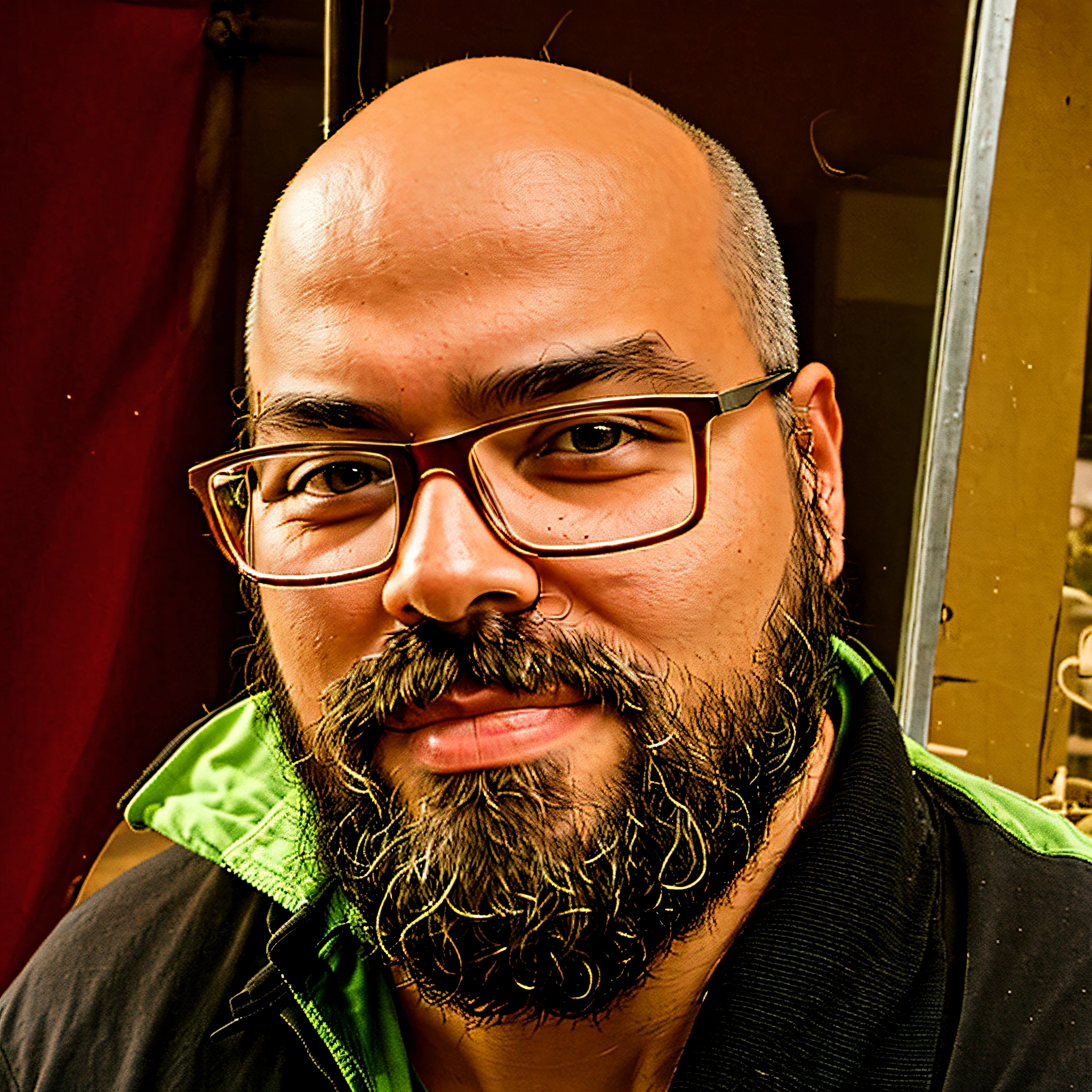 There is a young man with glasses and beard with goatee, fair skin without wrinkles, bald smooth skin tone light skin, dark brown eyes