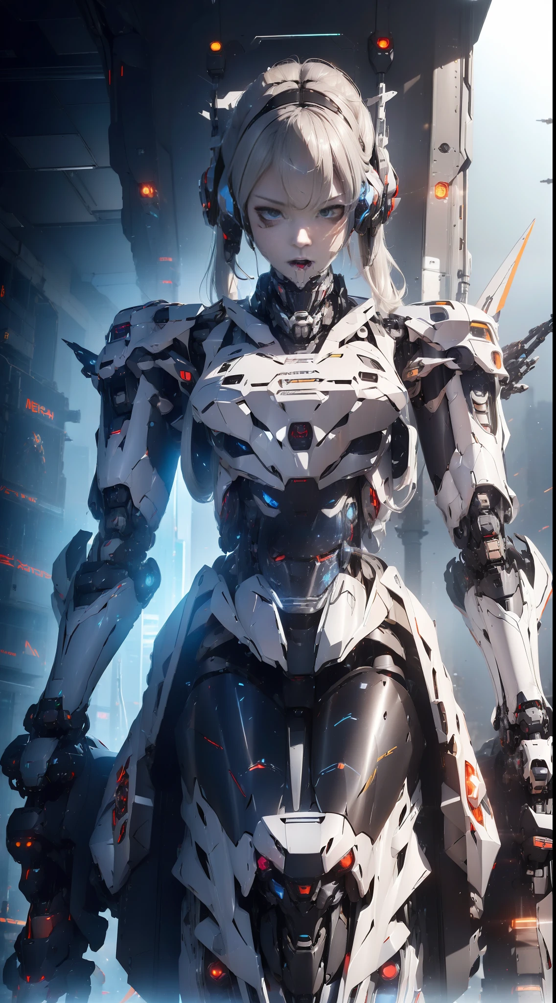 (mecha exoskeleton:1.5) female soldier, detailed mechanical components, exposed gears and wires, (cybernetic enhancements:1.1), HUD helmet visor, standing on a (rubble-strewn:1.2) battlefield, dusk sky, holding a futuristic (plasma rifle:1.1), sleek semi-gloss black armor with red accents, inspired by (Hideo Kojima's:1.3) Metal Gear Solid, intricate design, determined expression