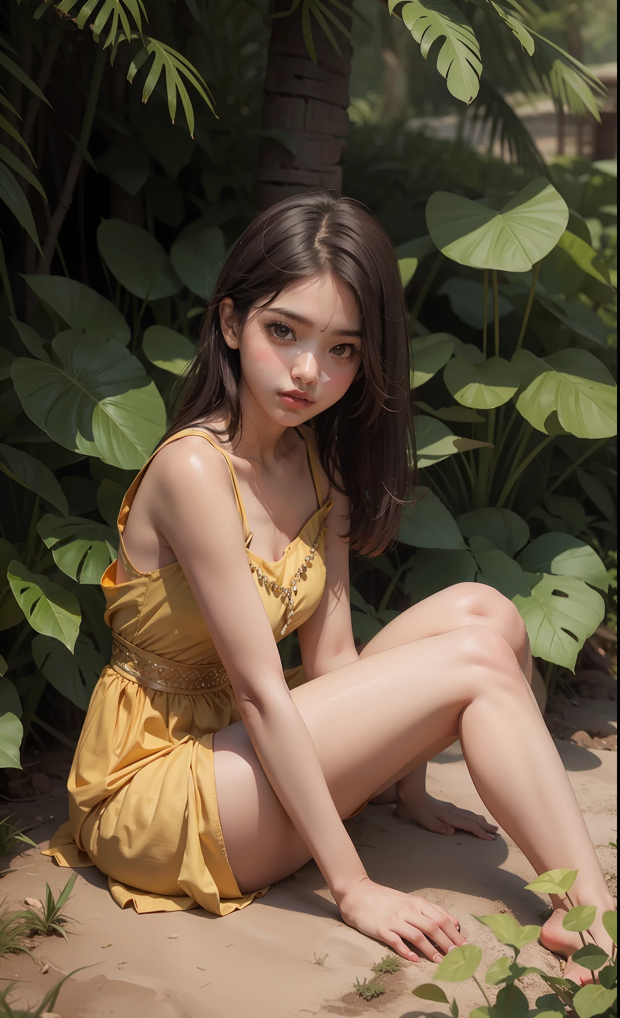 Ground view, concept art, small chest, hips, look at viewer, sitting on ground, low ground view, legs spread, shy blush face, sexual expression, 1 Indian girl, wearing Indian dress, dark yellow colour dress,  bare shoulder,unconcerned, NSFW, quality, in the garden, contrast, dark, little chubby,