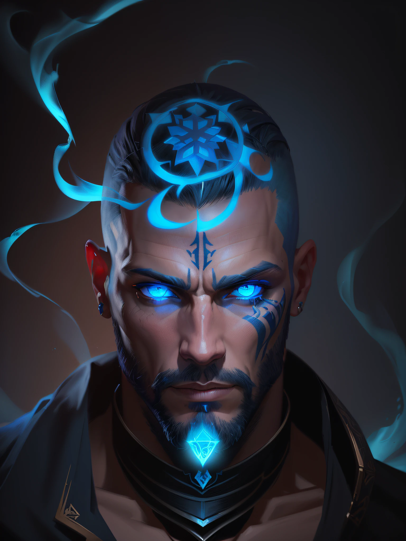 there is a man with a blue eye and a tattoo on his head, portrait of a mage, closeup portrait of an mage, fantasy concept art portrait, rpg portrait concept art, painted in the style arcane, fantasy male portrait, concept headshot art, amazing portrait of viego, character concept art portrait, concept portrait, arcane concept art