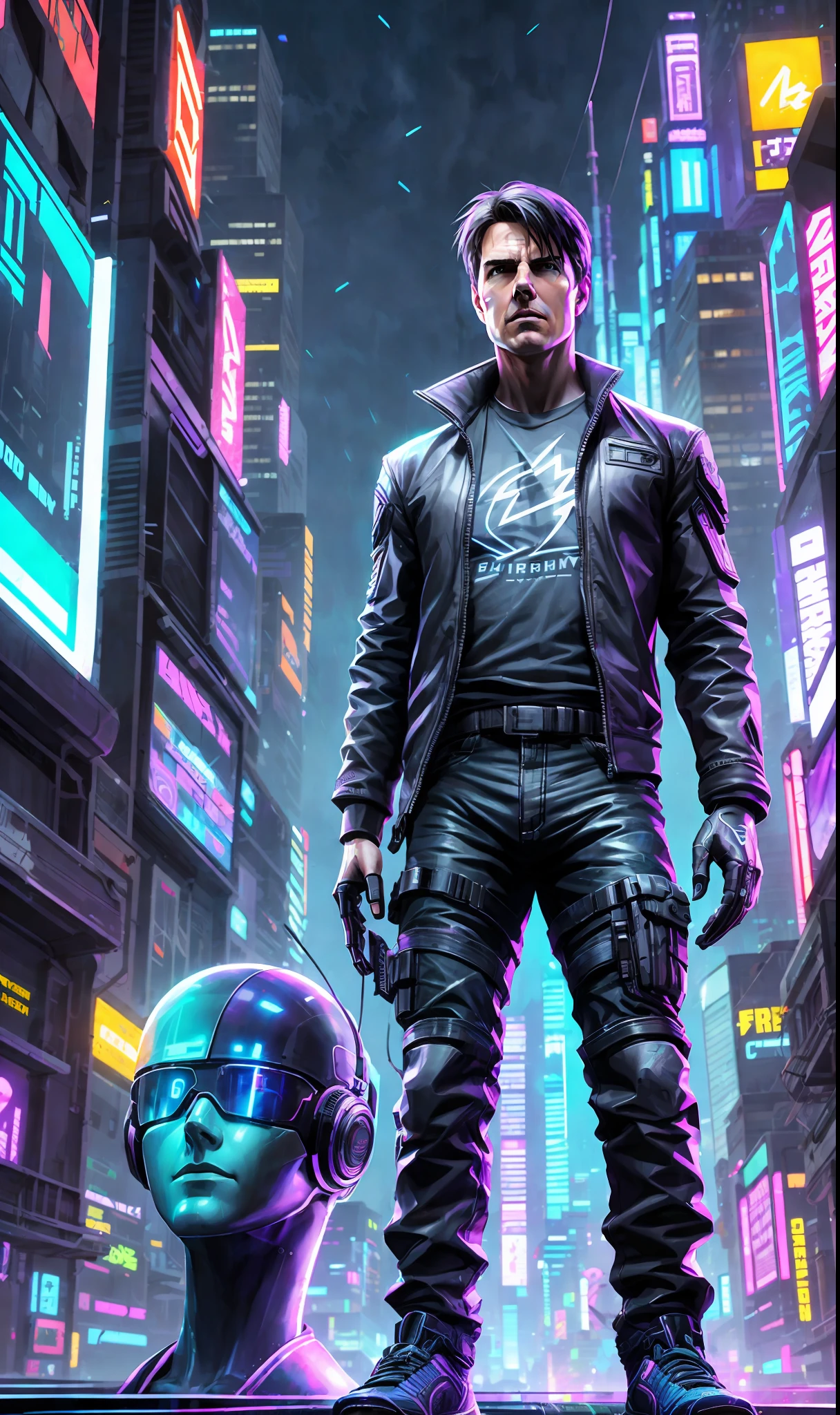 tom cruise, loish, jeremy mann, full body shot, character sheet, lightningwave, 3d, cgi, glowing neon, cyberpunk, streetwear outfit, ☂️, neon city --auto --s2