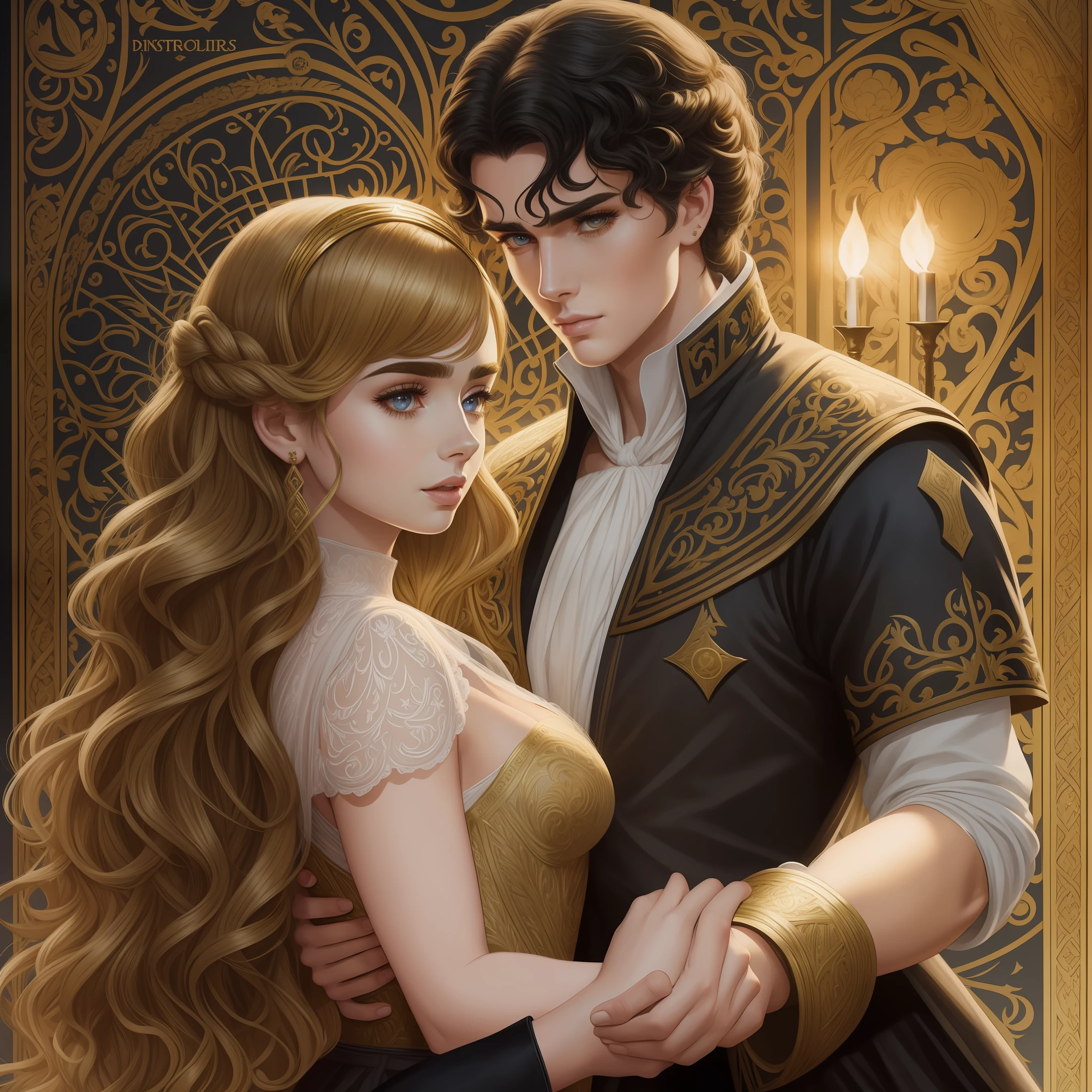 Lily Collins, who has curly black hair, wears a medieval dress. the Neels Visser wears a medieval military outfit and has blonde hair. The couple is waltzing in the ballroom. The illustration is like a book cover, bright, illuminated, ultra detailed, elegant, Artgerm art