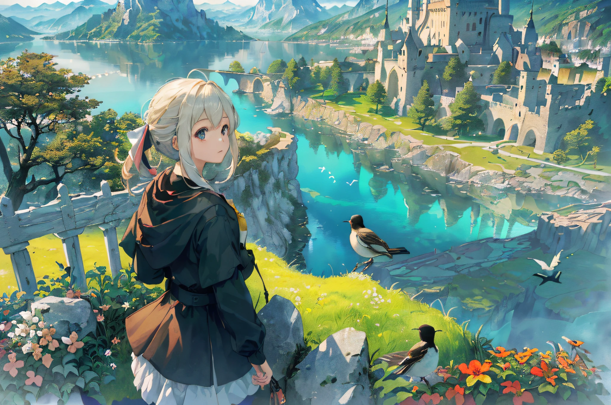 ((masterpiece,best quality,official art,unity 8k wallpaper, highres, (1girl:1.4),looking away,(breathtaking landscapes:1.2), natural wonders, serene vistas, outdoor exploration, (diverse ecosystems:1.2), scenic beauty, tree,castle,village,flowers,bridge,fence, (birds:1.2)