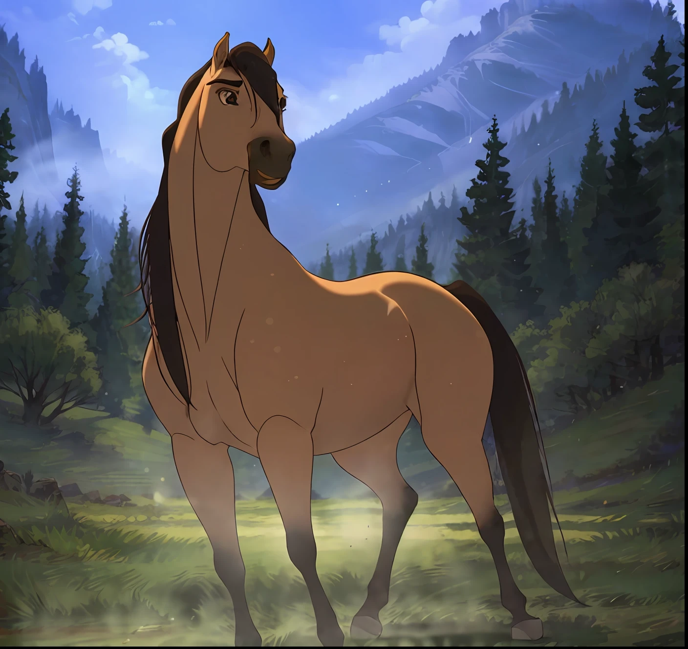 (stunning picture),(best quality,ultra-detailed, superbly illuminated),(beautiful powerful horse),(strong muscles, bright eyes),(against the background of nature),(beautiful combination of light and shadow),(beautiful volumetric light effect)