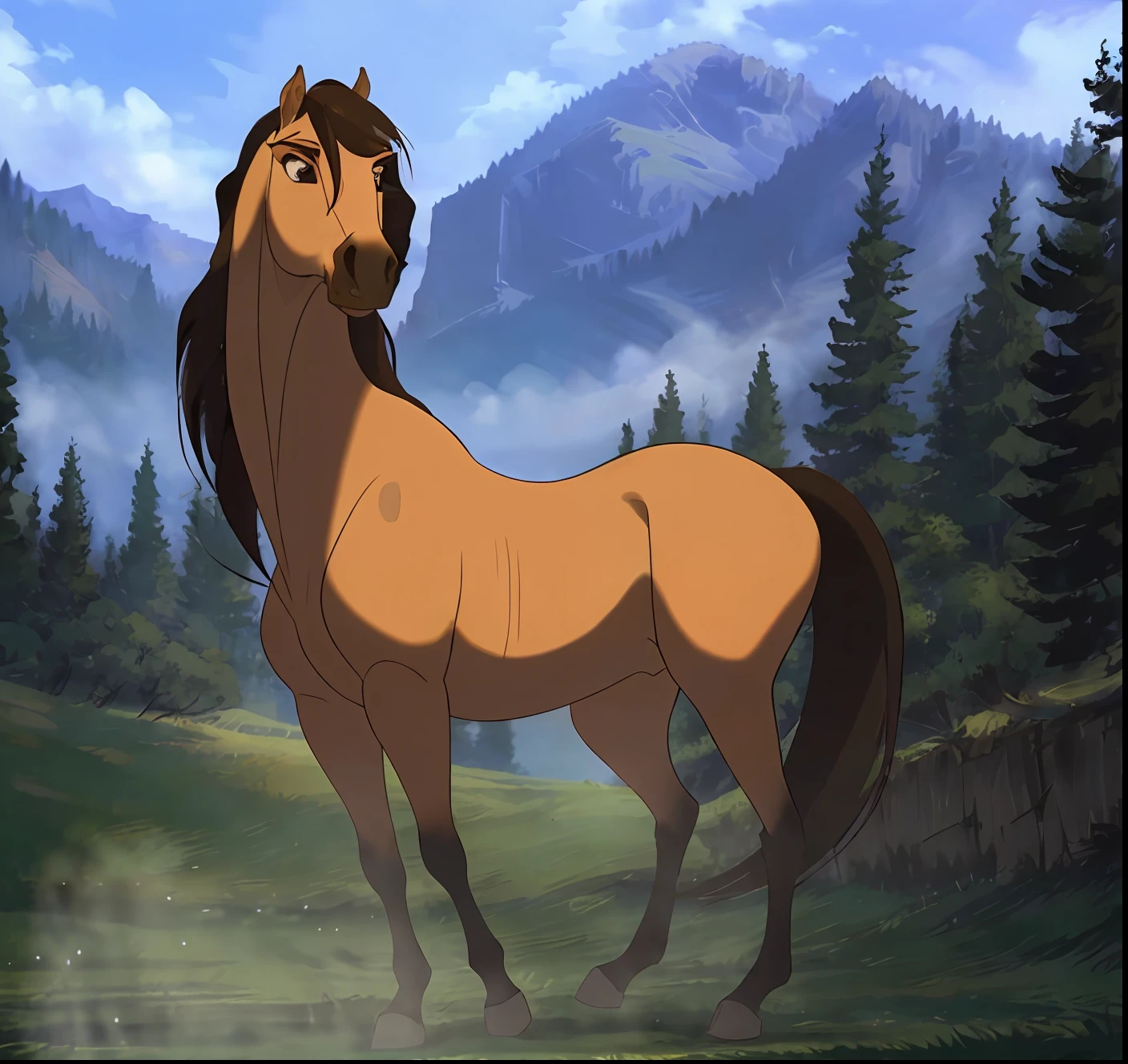 (stunning picture),(best quality,ultra-detailed, superbly illuminated),(beautiful powerful horse),(strong muscles, bright eyes),(against the background of nature),(beautiful combination of light and shadow),(beautiful volumetric light effect)