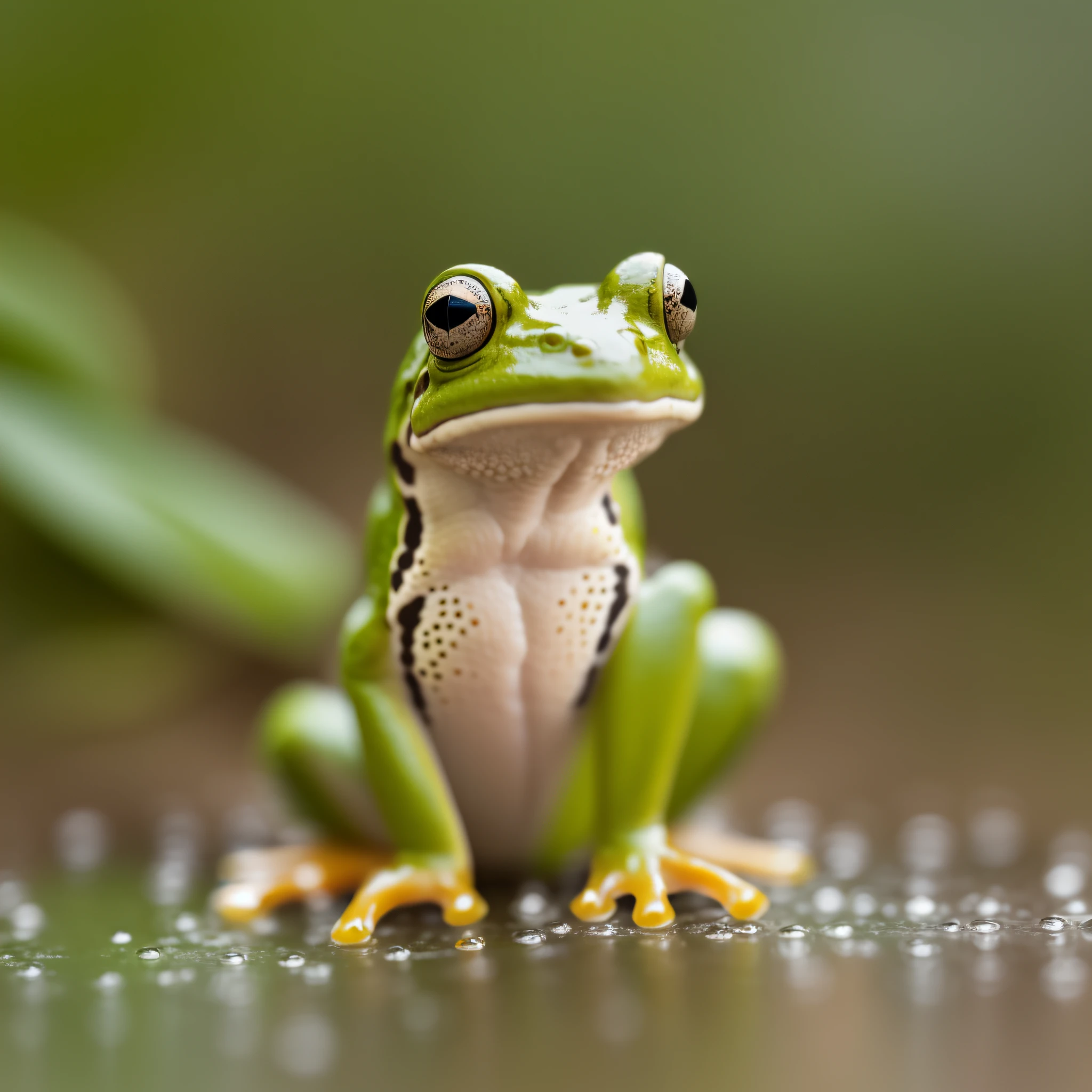 frog photographed with a Nikon D850 DSLR and 105mm f/2.8G IF-ED VR Micro lens, photorealistic, ground level shooting, natural light, depth of field, macro landscape photography, raindrops on the skin --air 3:2 --auto --s2