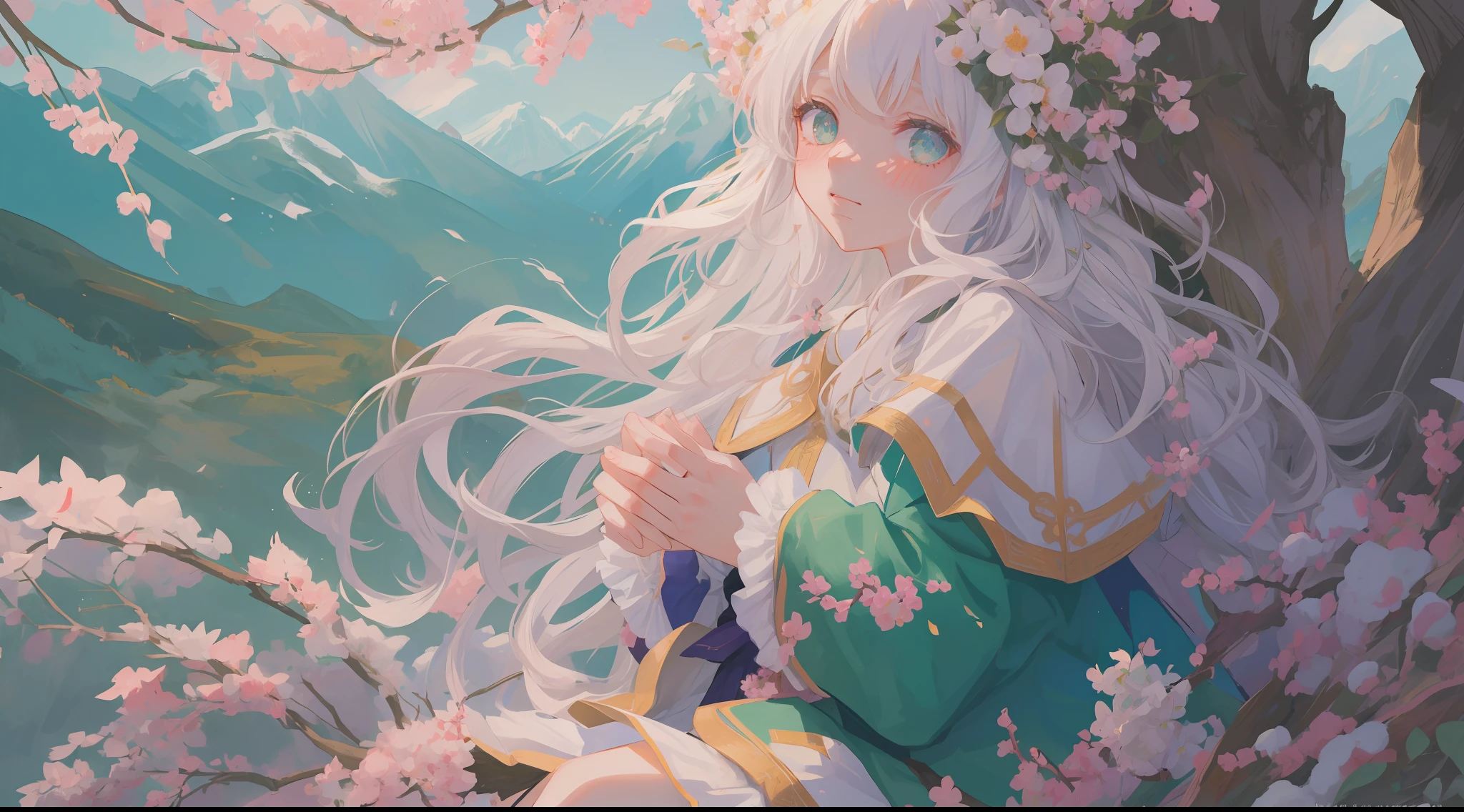 (1girl:1.2), slight blush, hands down, wavy hair, long hair, fluffy hair, white hair, green eyes, sakura tree, hair flower, capelet, lace trim, bodice, wind, winter, mountain range, mountain sitting near mountain, detailed water, sparkling eyes, light smile, peaceful, extremely detailed, depth of field, cinematic lighting, Ghibli-like colours, high detail, scenery, high place, horizon, wind, wind blow, looking at viewer, ta clothes, 8k, bokeh, from side, award winning, (masterpiece:1.2), best quality, anatomically correct, perfect hands