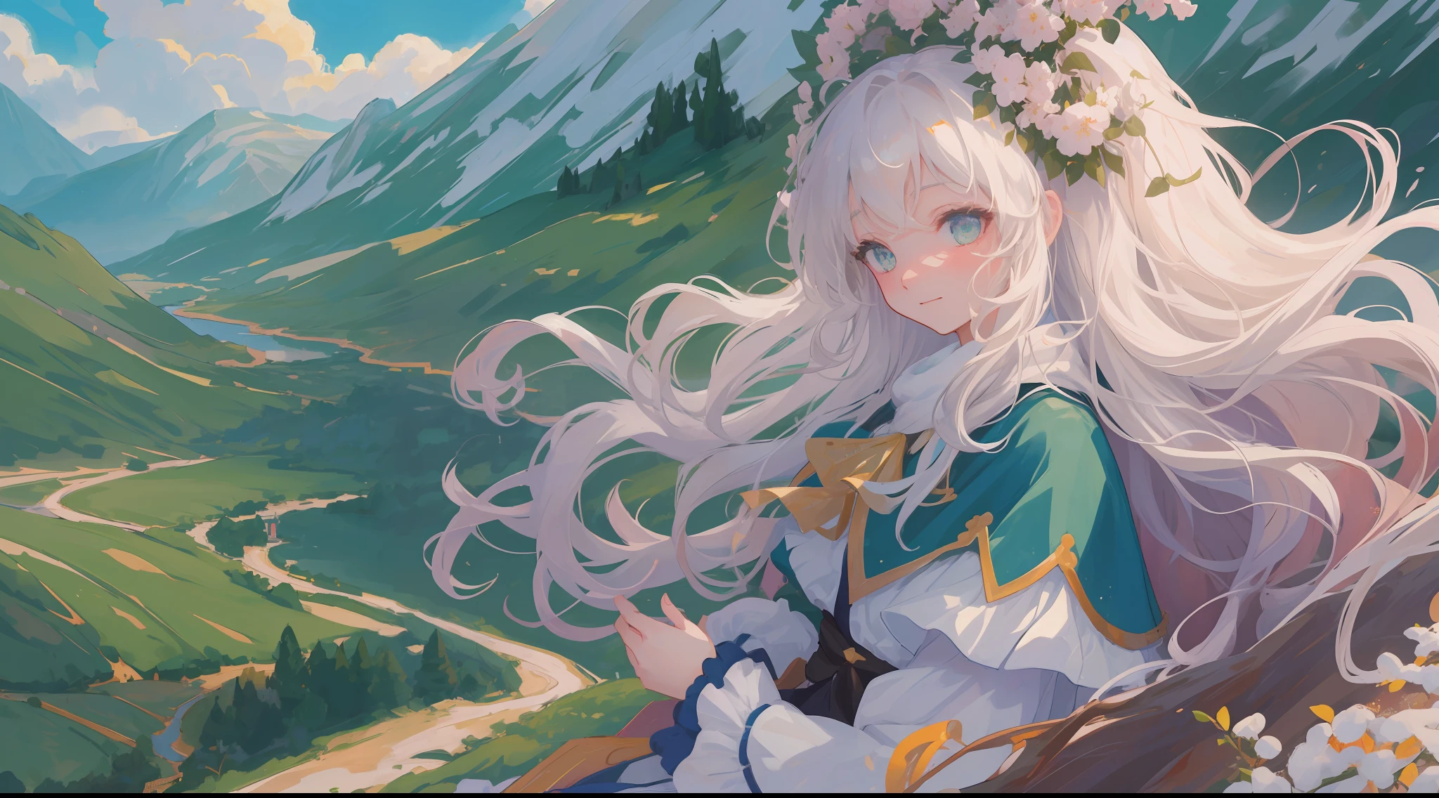 (1girl:1.2), slight blush, hands down, wavy hair, long hair, fluffy hair, white hair, green eyes, sakura tree, hair flower, capelet, lace trim, bodice, wind, winter, mountain range, mountain sitting near mountain, detailed water, sparkling eyes, light smile, peaceful, extremely detailed, depth of field, cinematic lighting, Ghibli-like colours, high detail, scenery, high place, horizon, wind, wind blow, looking at viewer,  lolita clothes, 8k, bokeh, from side, award winning, (masterpiece:1.2), best quality, anatomically correct, perfect hands