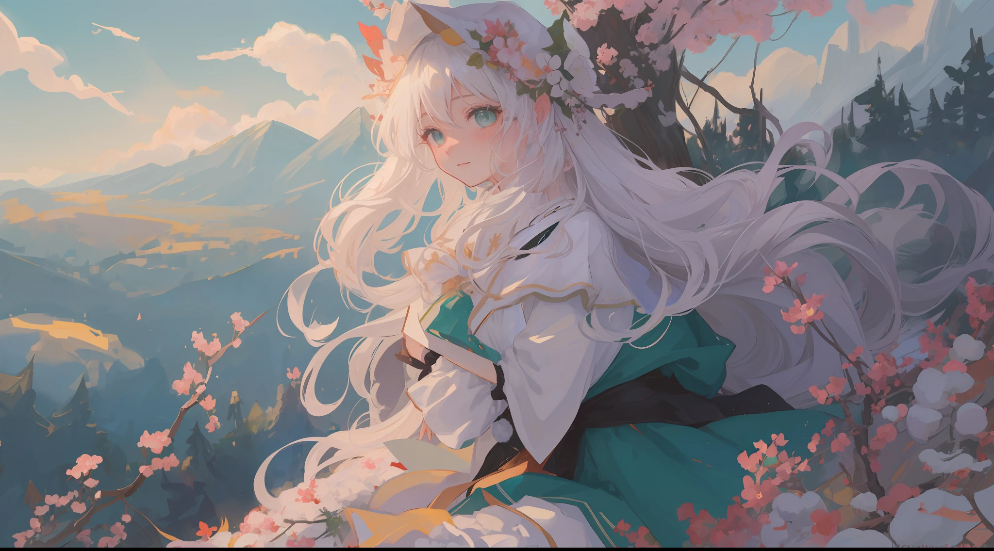 (1girl:1.2), slight blush, hands down, wavy hair, long hair, fluffy hair, white hair, green eyes, sakura tree, hair flower, capelet, lace trim, bodice, wind, winter, mountain range, mountain sitting near mountain, detailed water, sparkling eyes, light smile, peaceful, extremely detailed, depth of field, cinematic lighting, Ghibli-like colours, high detail, scenery, high place, horizon, wind, wind blow, looking at viewer, lolita clothes, 8k, bokeh, from side, award winning, (masterpiece:1.2), best quality, anatomically correct, perfect hands