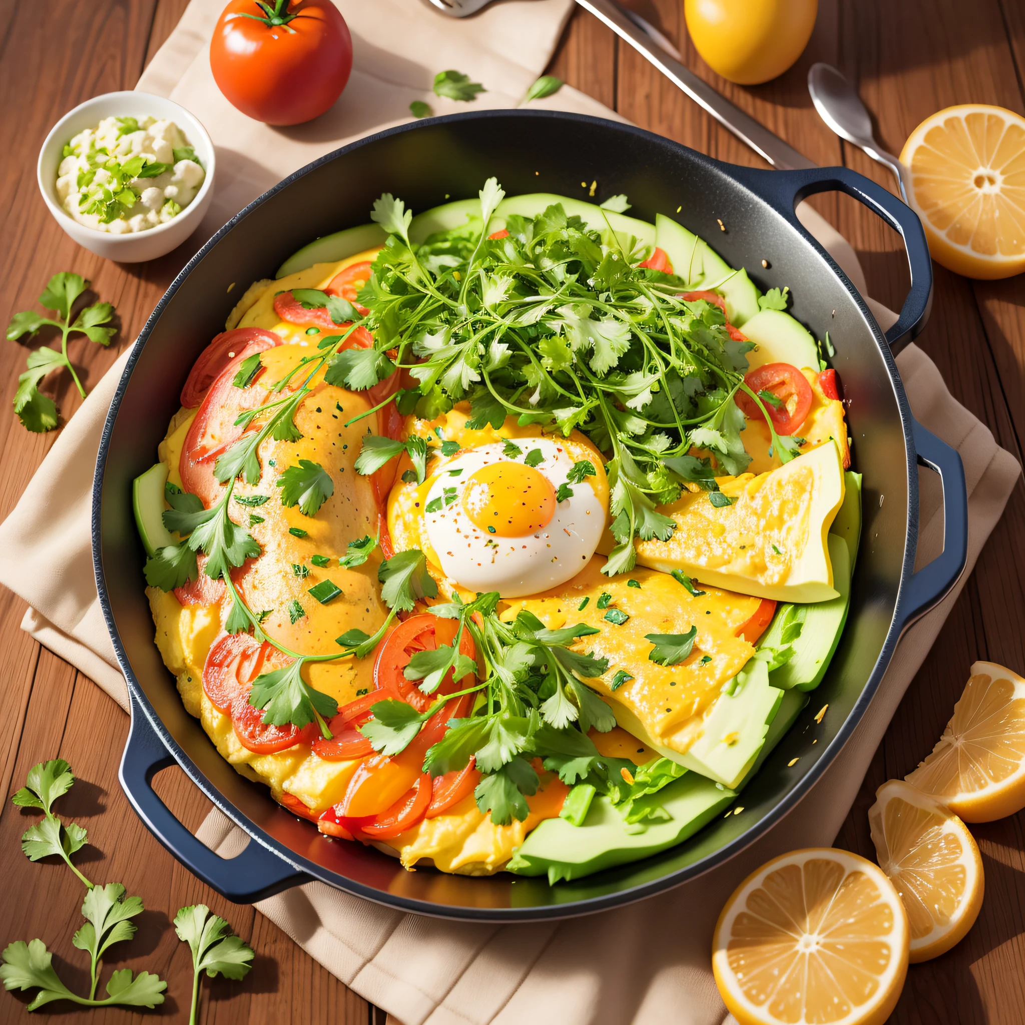 A colorful image of a vegetable omelet made in the frying pan, with the ingredients highlighted around it. --auto --s2