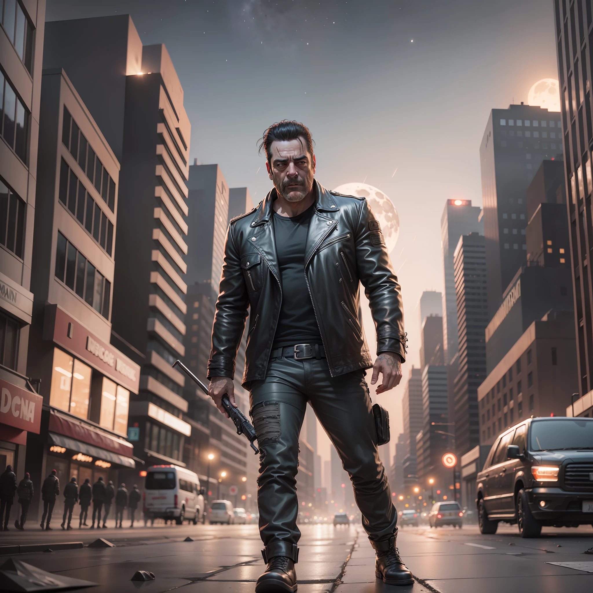 Negan the walking dead, in the city, night, moon, shock, spark, 8k, realistic, well detailed
