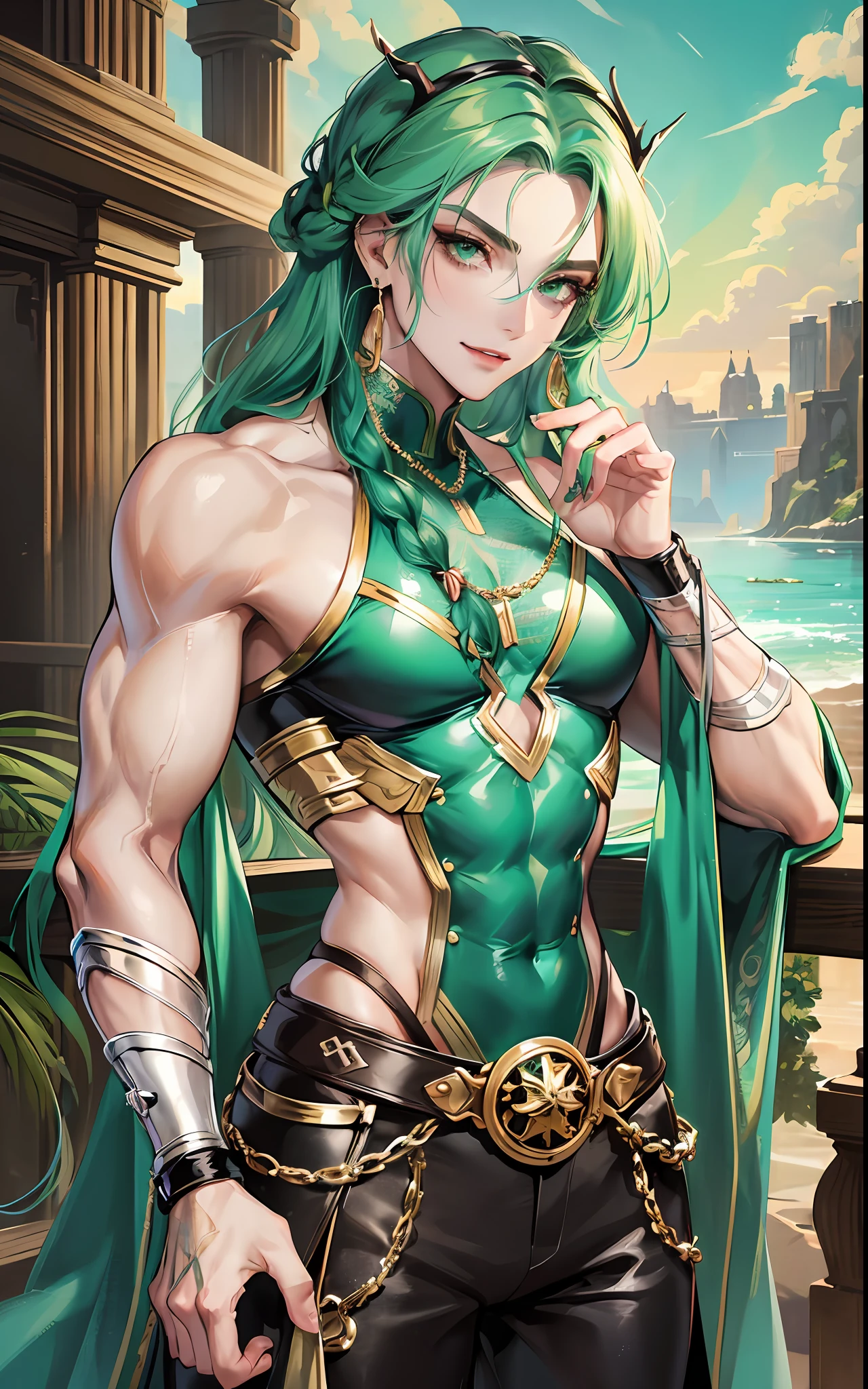 man, masculine, masculine face, attractive, muscular, ((1man)), masterpiece, absurdres, best quality ,intricate details , (shiny skin, shiny body, shiny oily luster skin, shiny hair, pale skintone), Sundown, attractive, ((muscular)), adult, one,medieval clothes, earrings, black pants, Don't look at the view , Not looking at the view, jade green hair, braided hair, perfect detailed face, perfect detailed hands, dragon horns, green eyes, ((MLS)), smirk, medium large shoot