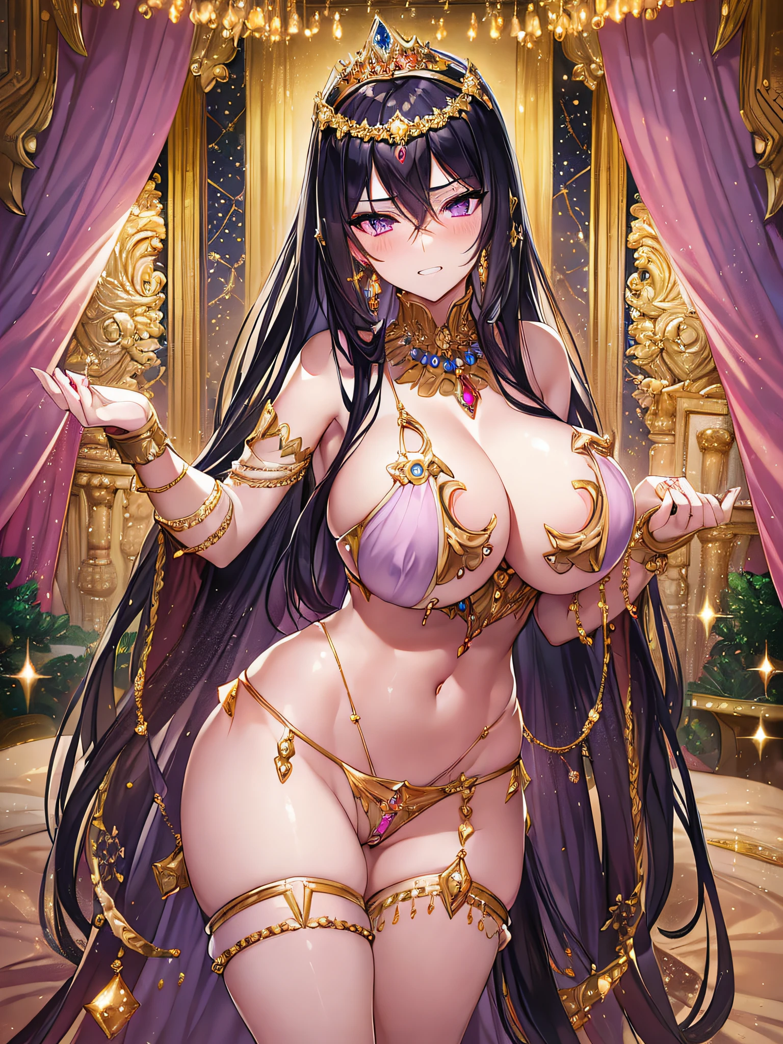 ((vulgarity)),((anime moe artstyle)),((Masterpiece)), (Best Quality), (Super Detail), Illustration, (((Very Delicate and Beautiful))),Dynamic Angle,Looking at viewer,((((Solo)))),(((Full body))),(((1 arrogant empress standing in the royal bedroom))),(((nude))),((((gigantic breasts)))),cleavage,((((jeweled Nipple pasties)))),erect nipple,(((jeweled crotch))),(gold trim),(arrogant),((clenched teeth)),(((blush))),(Purple eyes),Sharp eyes,Detailed Face, Long Eyelashes,Jet Black Hair,Straight Hair,((Very Long Hair)),((Bangs between eyes)),((curvy)),navel piacing, waist jeweled brooch,jeweled thigh strap, jeweled arm ring, anklet, jeweled armlet,long gloves,Beautifully Gorgeous jeweled big tiara,Beautifully Gorgeous gem earrings,Beautifully Gorgeous jeweled necklace,Beautifully Gorgeous jeweled ornaments,indoor,light particles,royal bedroom,