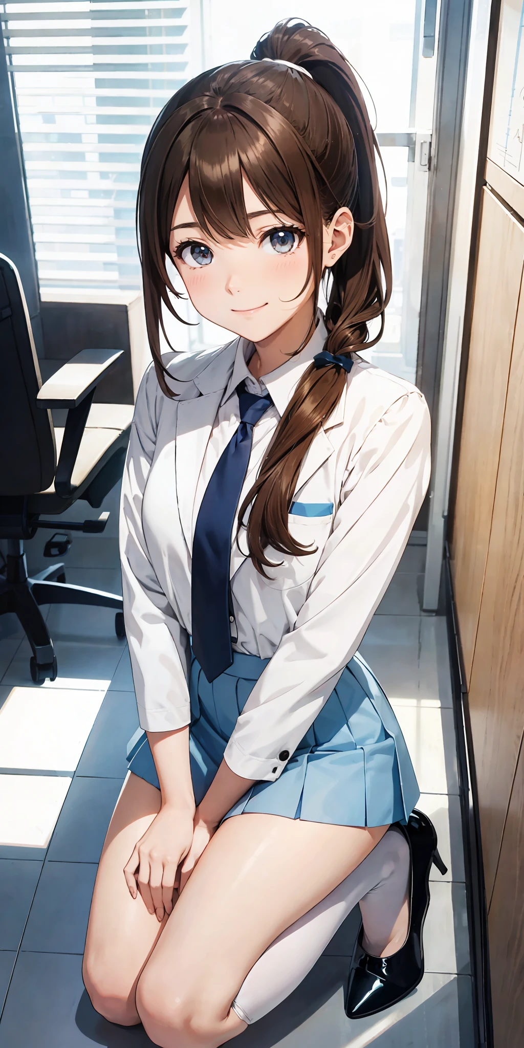 perfect anime illustration, 1girl brown hair, ponytail, matching hairstyle, hazel eyes, smiling, white skin, matching outfits, blue skirt suit, necktie, white thigh highs, high heels, office, highres, full body