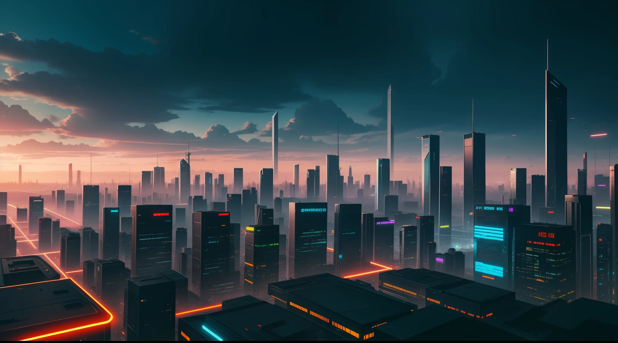 cyberpunk city, realistic skyline, cyber urban fantasy, vibrant, photorealistic, realistic, dramatic, dark, sharp focus, 8k