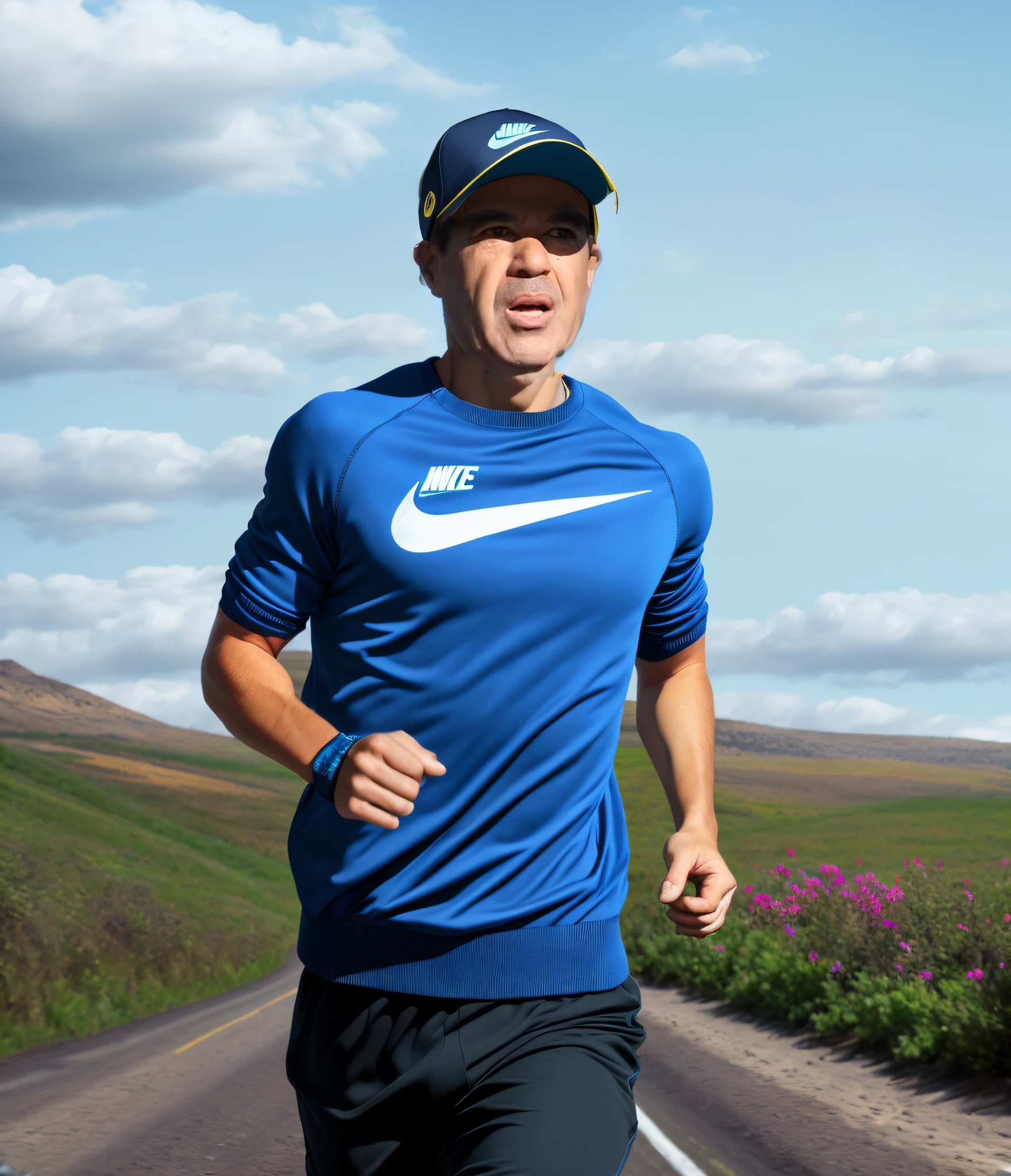 USE REALISTIC PHOTOGRAPHY, FULL BODY ATHLETE RUNNER WITH NIKE BRAND WINTER SWEATER, COLD WEATHER JACKET WITH LONG SLEEVES,running on dirt road with bushes on the sides, dust rising, winter afternoon, physical exercise weather, blue sky, clouds, flowers, TOTAL REALISTIC IMAGE OF HUMAN, Trending on Artstation, magnificent art, masterpiece, warm and soft lighting, best quality, bifocal fisheye lens 85m --auto --s2