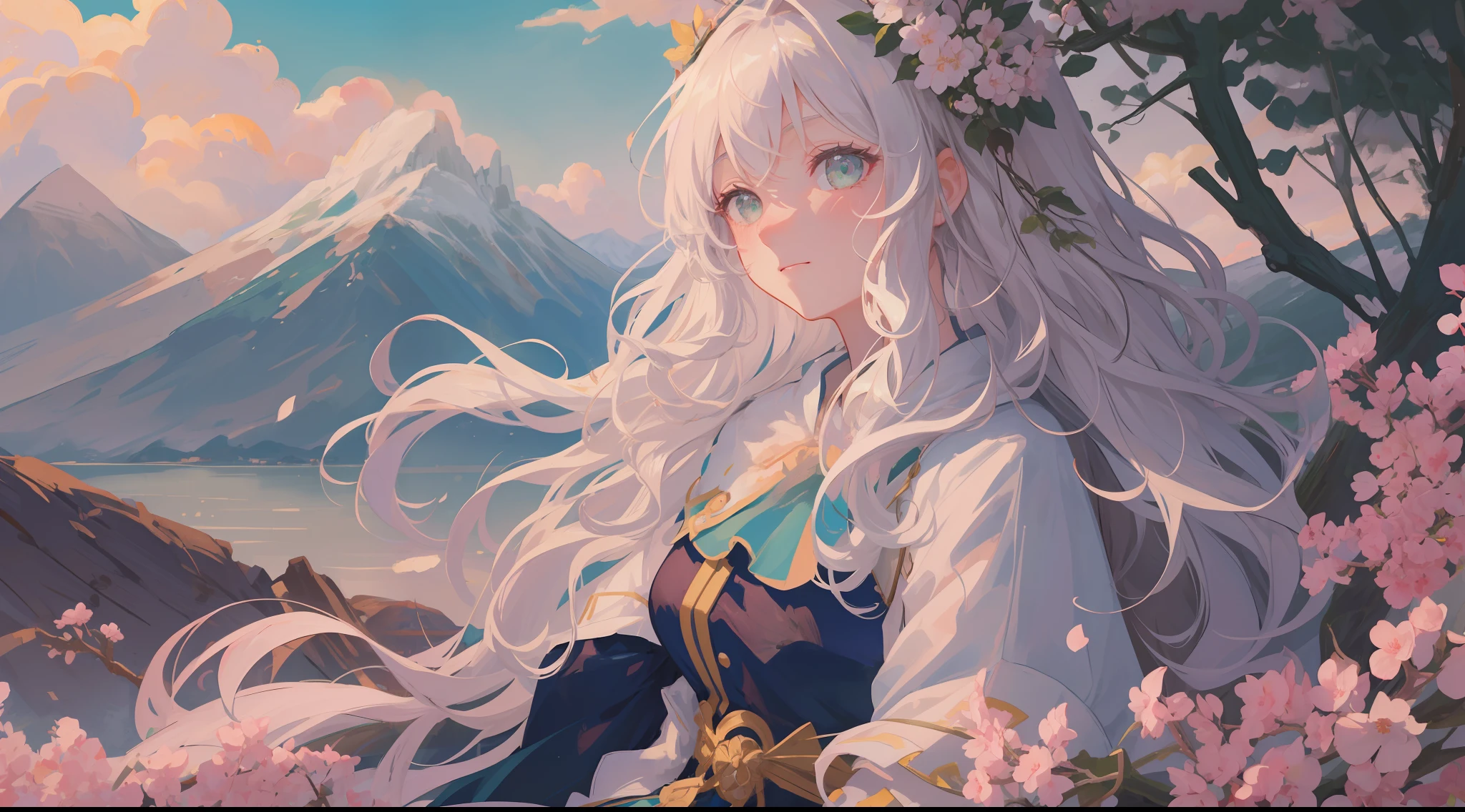 (1girl:1.2), slight blush, hands down, wavy hair, long hair, fluffy hair, white hair, green eyes, sakura tree, hair flower, capelet, lace trim, bodice, wind, winter, mountain range, mountain sitting near mountain, detailed water, sparkling eyes, light smile, peaceful, extremely detailed, depth of field, cinematic lighting, Ghibli-like colours, high detail, scenery, high place, horizon, wind, wind blow, looking at viewer, ta clothes, 8k, bokeh, from side, award winning, (masterpiece:1.2), best quality, anatomically correct, perfect hands