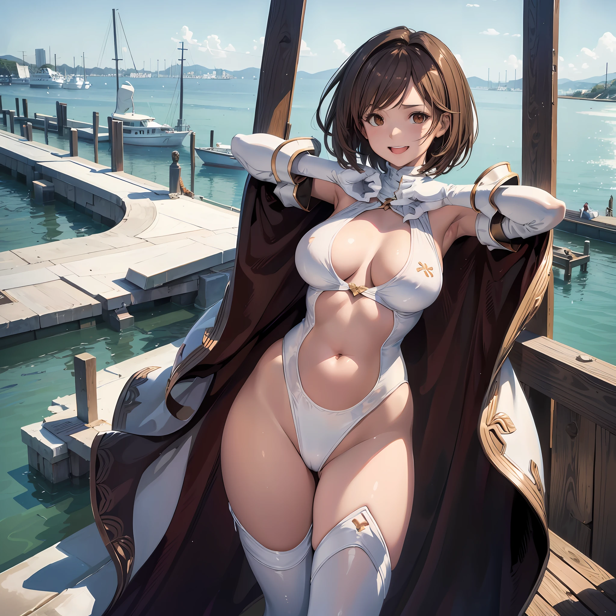 1ung_tegirl, brown_hair, medium_bob_hair, seethrough_white_leotard,covered_,, thighs, huge_, angry, smile, open_mouth, standing, harbor_background, slightly_spread_legs, happy, NSFW、short_gloves ,solo