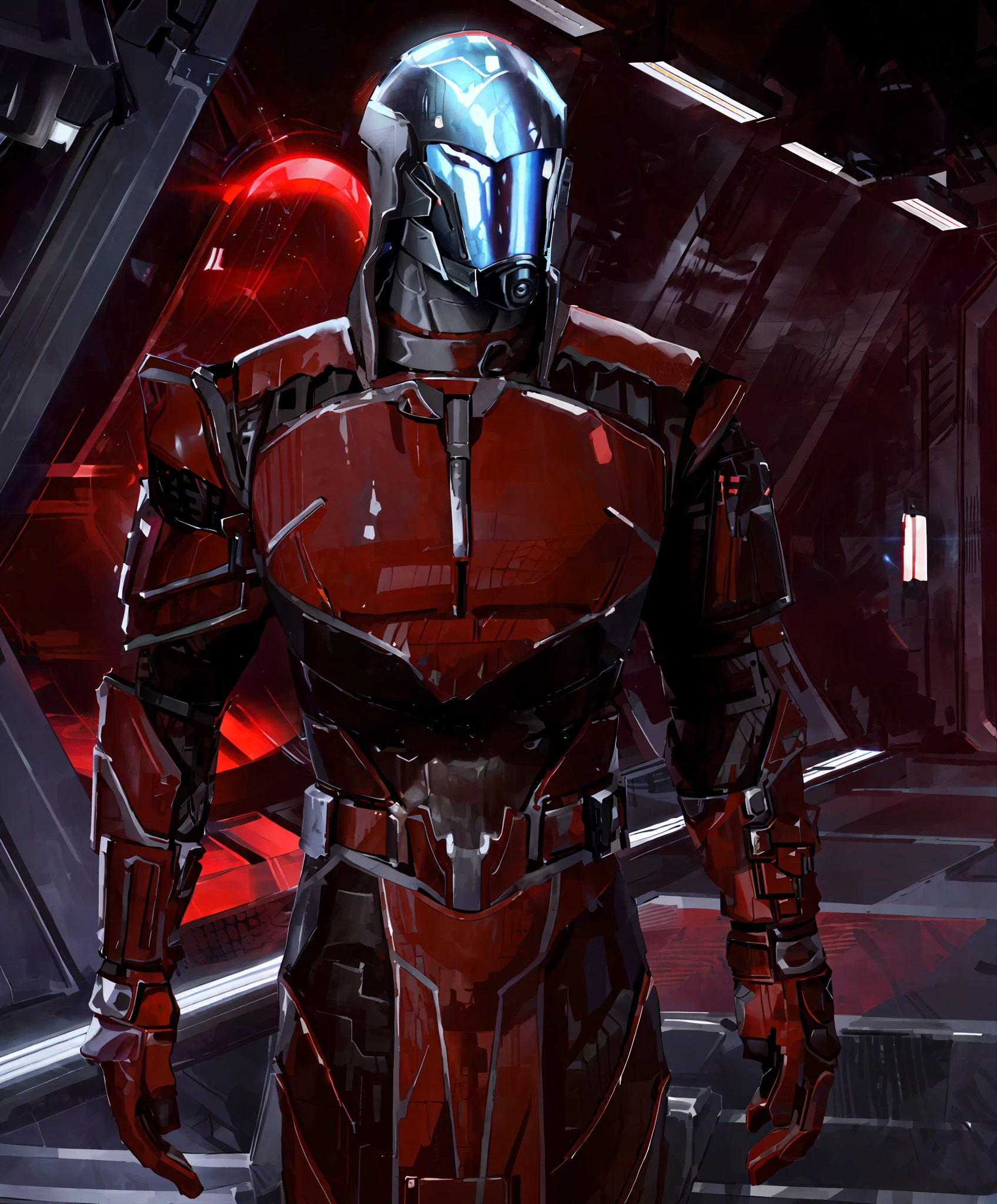 Close, Man in Up man in a red suit standing in a mountainous environment, high-tech red armor, silver armor and red clothes, red armor, wearing mass effect armor, red heavy armor, futuristic clothes, beard face, red hair, yellow eyes, black and red reflected armor, crimson heavy armor, wearing sci-fi armor, wearing futuristic armor, Dressed in sci-fi military armor, handsome face, red hair, yellow eyes, fair skin. Man holding Lightsaber, white blade of Lightsaber.