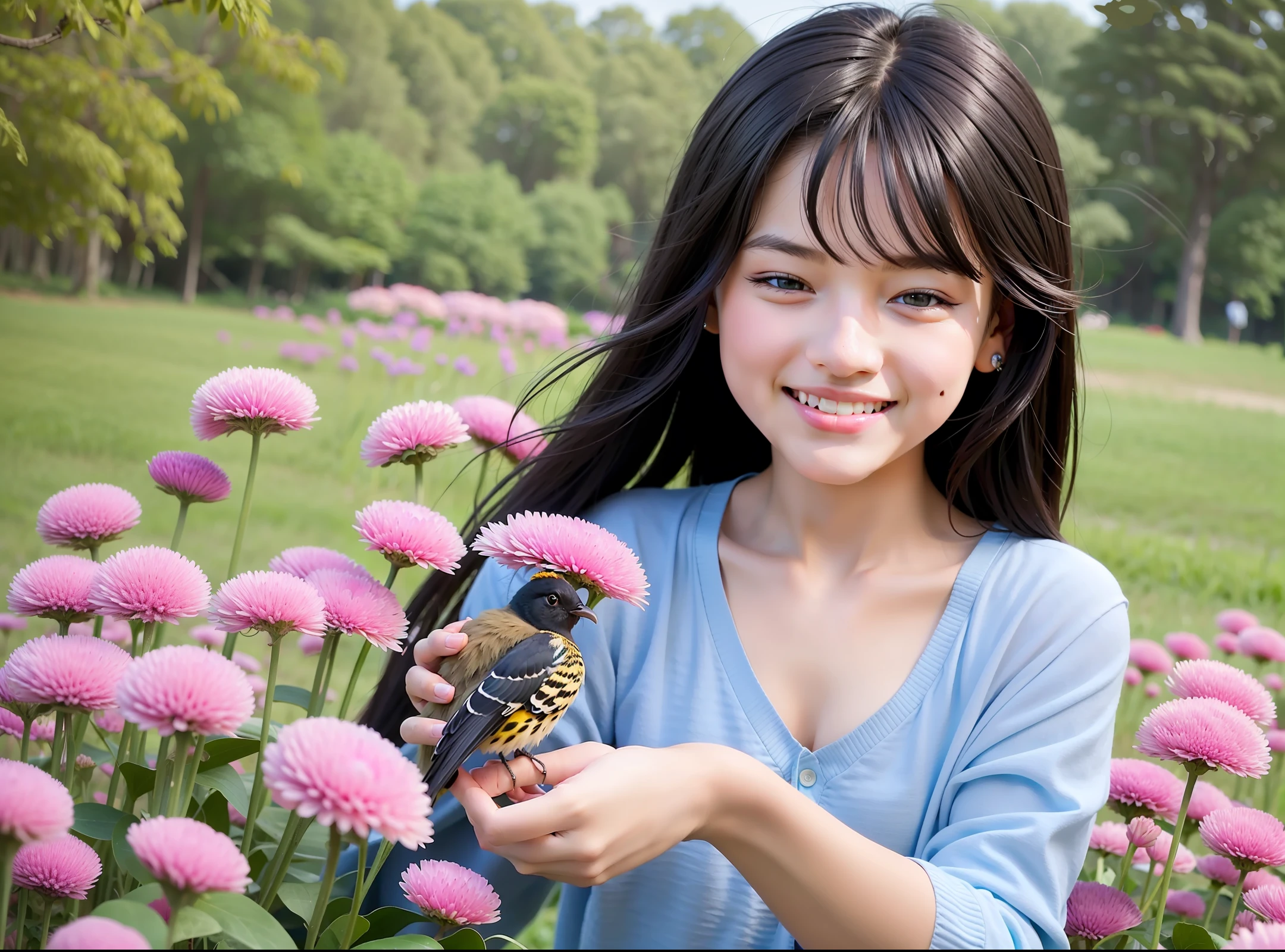 A girl,shakia face beautifuly, age 18 years, in a big flower field. Butterflies. Black hair,wearing princes,Playing with birds.A girl in a big flower field. Butterflies. Playing with birds.reality style, 8k.hight resolution, face detailed, fody detailed,view detail. Their are smile.happly.sun light.morning  time.