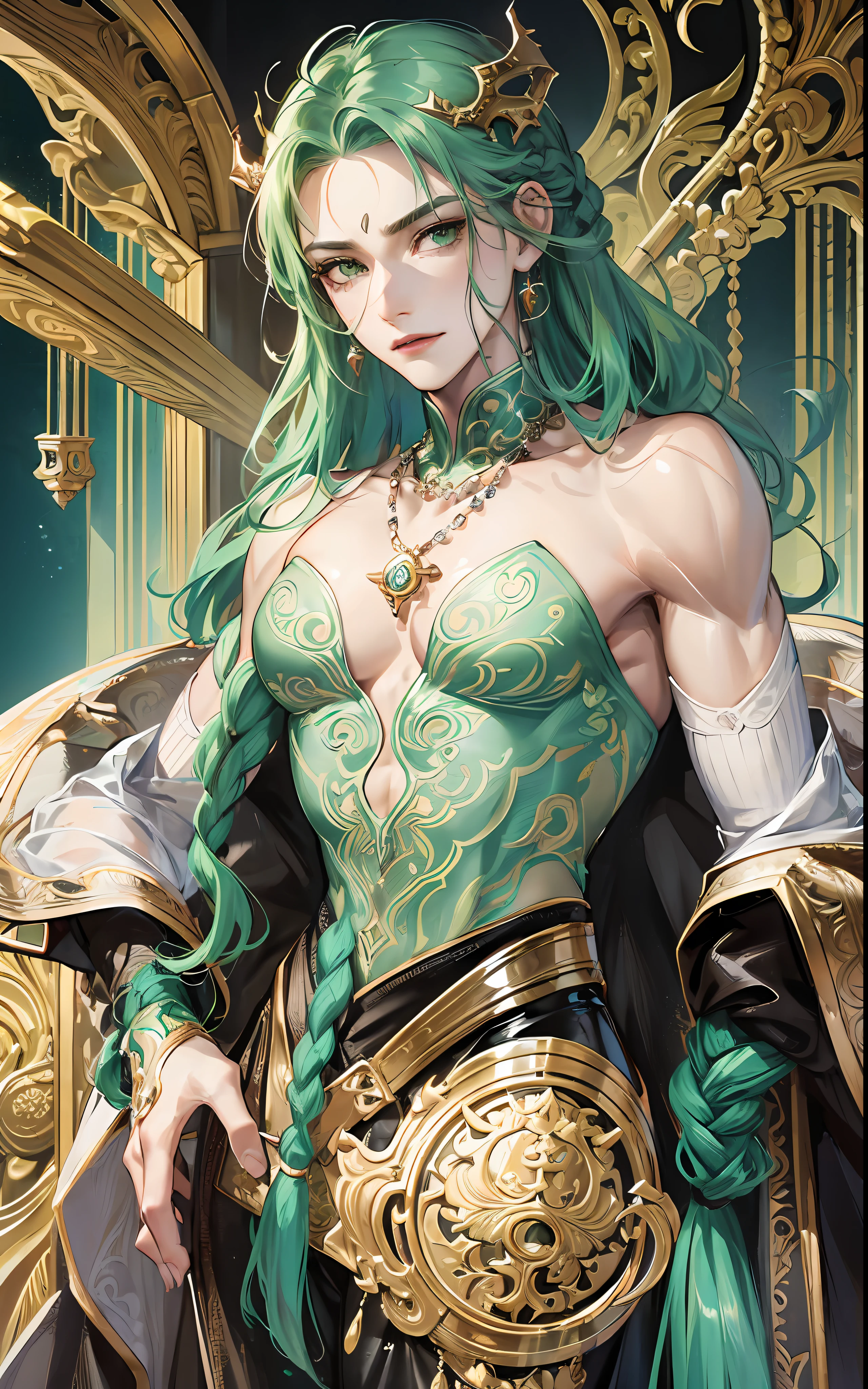 man, masculine, masculine face, attractive, muscular, ((1man)), masterpiece, absurdres, best quality ,intricate details , (shiny skin, shiny body, shiny oily luster skin, shiny hair, pale skintone), Sundown, attractive, ((muscular)), adult, one,medieval clothes, earrings, black pants, Don't look at the view , Not looking at the view, jade green hair, braided hair, perfect detailed face, perfect detailed hands, dragon horns, green eyes, ((MLS)), smirk, medium large shoot