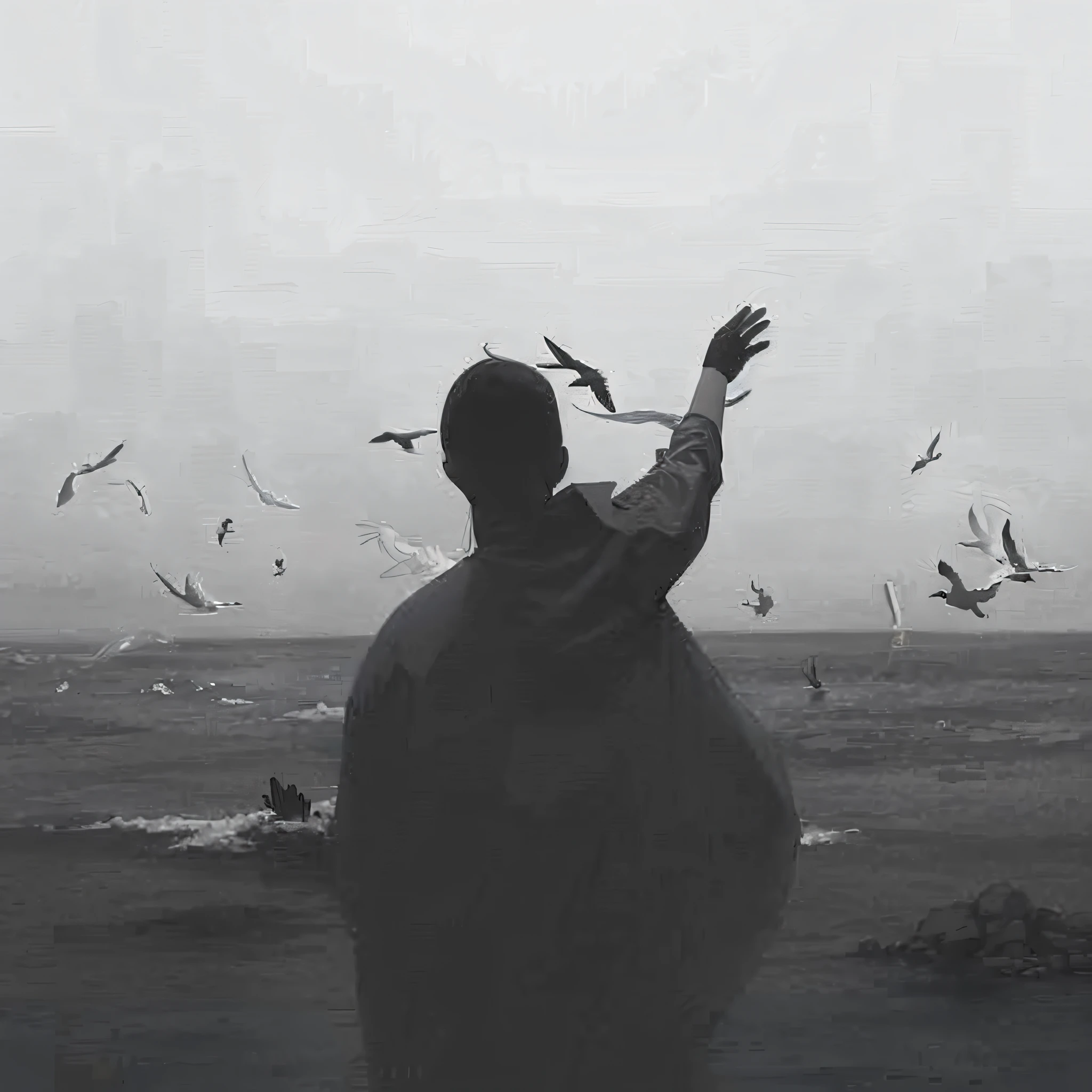 arafed man standing on a beach with birds flying around him, the sea and storms behind him, his arms spread. ready to fly, dark dance photography aesthetic, by Lucia Peka, black and white color aesthetic, black and white artistic photo, cloak flittering in the wind, emotional picture, black and white image, tumblr, by Alexis Grimou --auto --s2