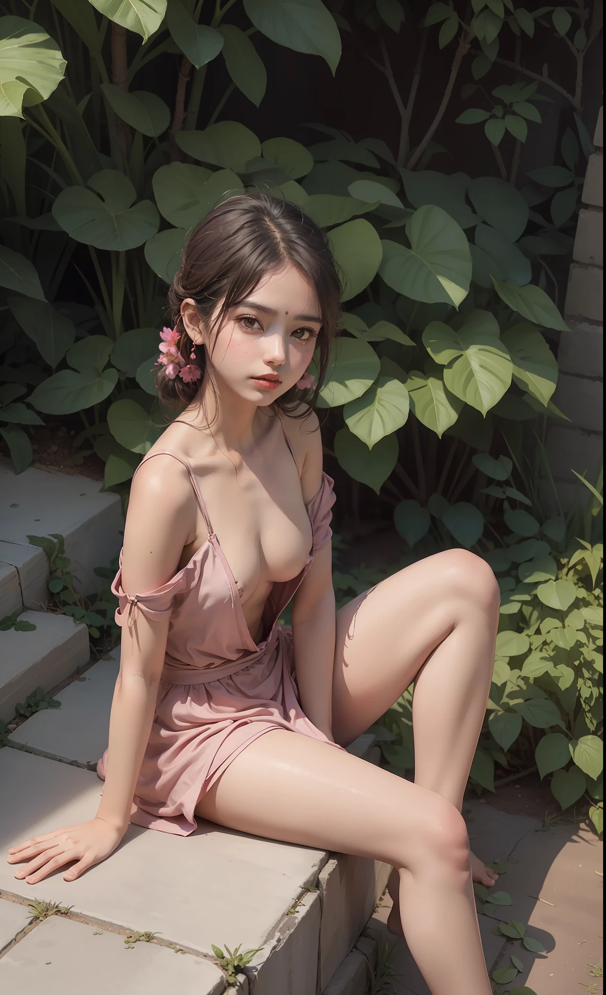 Ground view, concept art, small chest, hips, look at viewer, sitting on ground, low ground view, shy blush face, sexual expression, 1 Indian girl, wearing Indian dress, dark pink colour dress, bare shoulder,((nipple's)) chest exposed, unconcerned, NSFW, quality, in the garden, contrast, dark, little chubby,