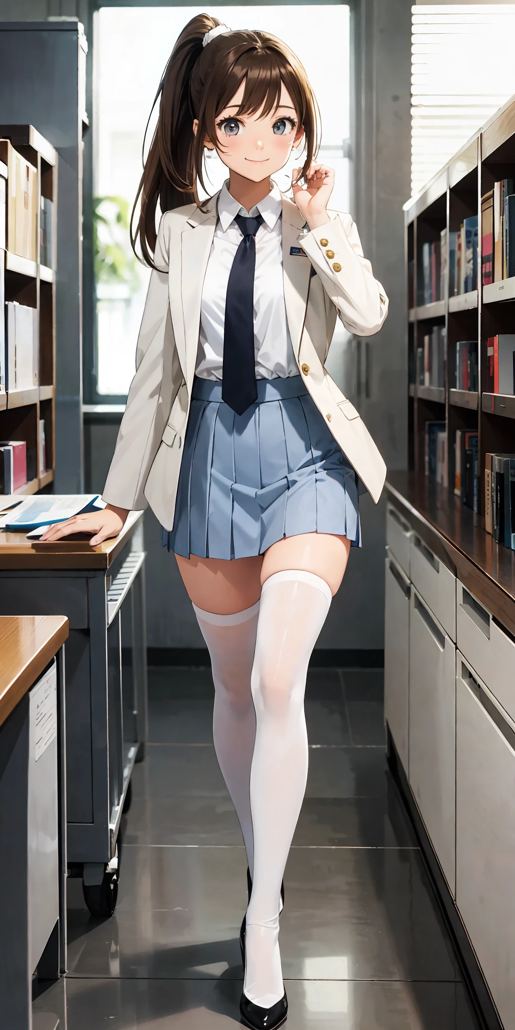perfect anime illustration, 1girl brown hair, ponytail, matching hairstyle, hazel eyes, smiling, white skin, matching outfits, blue skirt suit, necktie, tight skirt, white thigh highs, black high heels, office, highres, full body