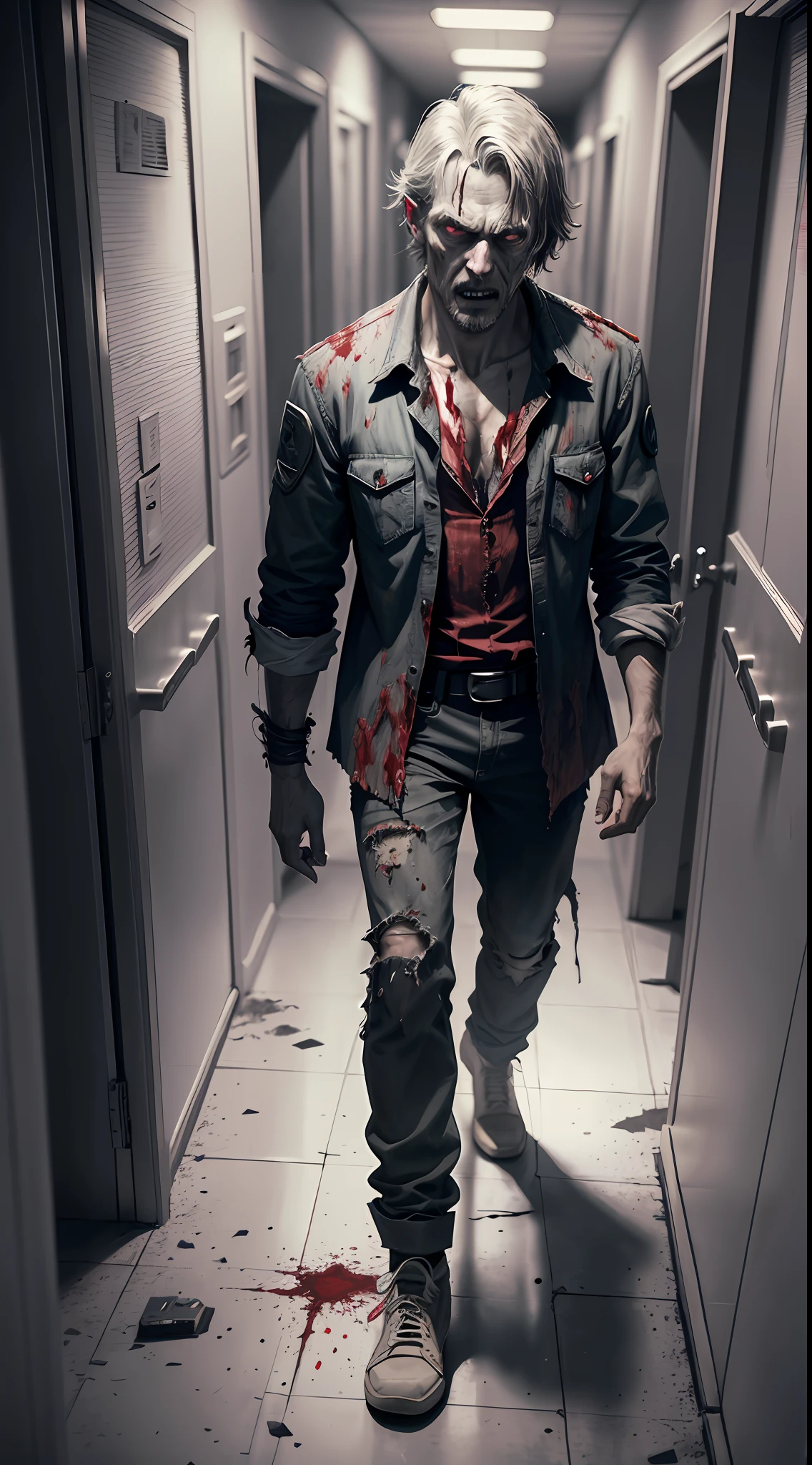 The virus finally begins, consuming the man's face, zombie eyes, zombie close-up, torn and blood-stained clothes, looking at the scenes, the background narrow and scary corridor, volumetric lighting, real life, wide-angle, highly detailed, low contrast, horror