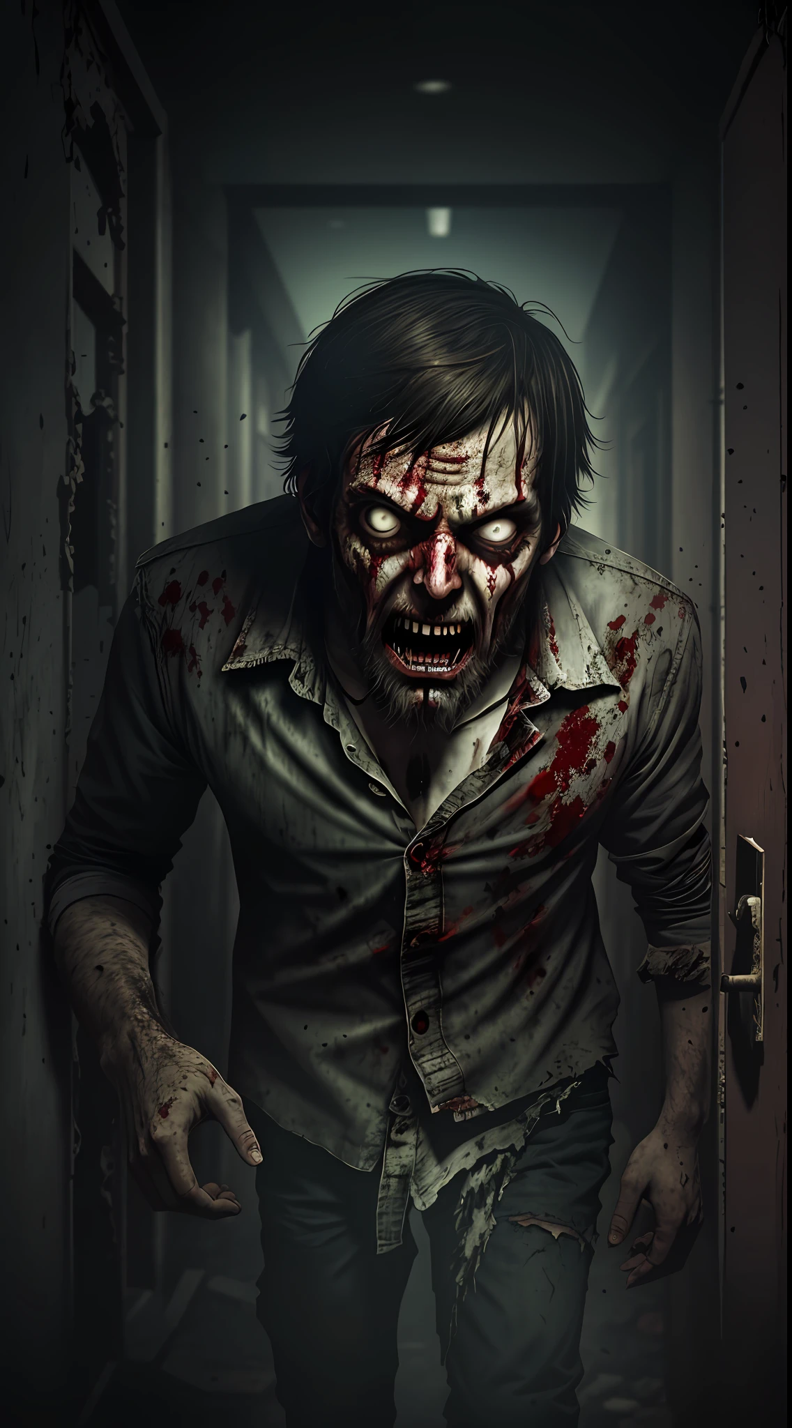 The virus finally begins, consuming the man's face, zombie eyes, zombie closeup, torn clothes, bloodstained, running towards the viewer, the background narrow and scary corridor, volumetric lighting, real life, wide angle, very detailed, low contrast, horror