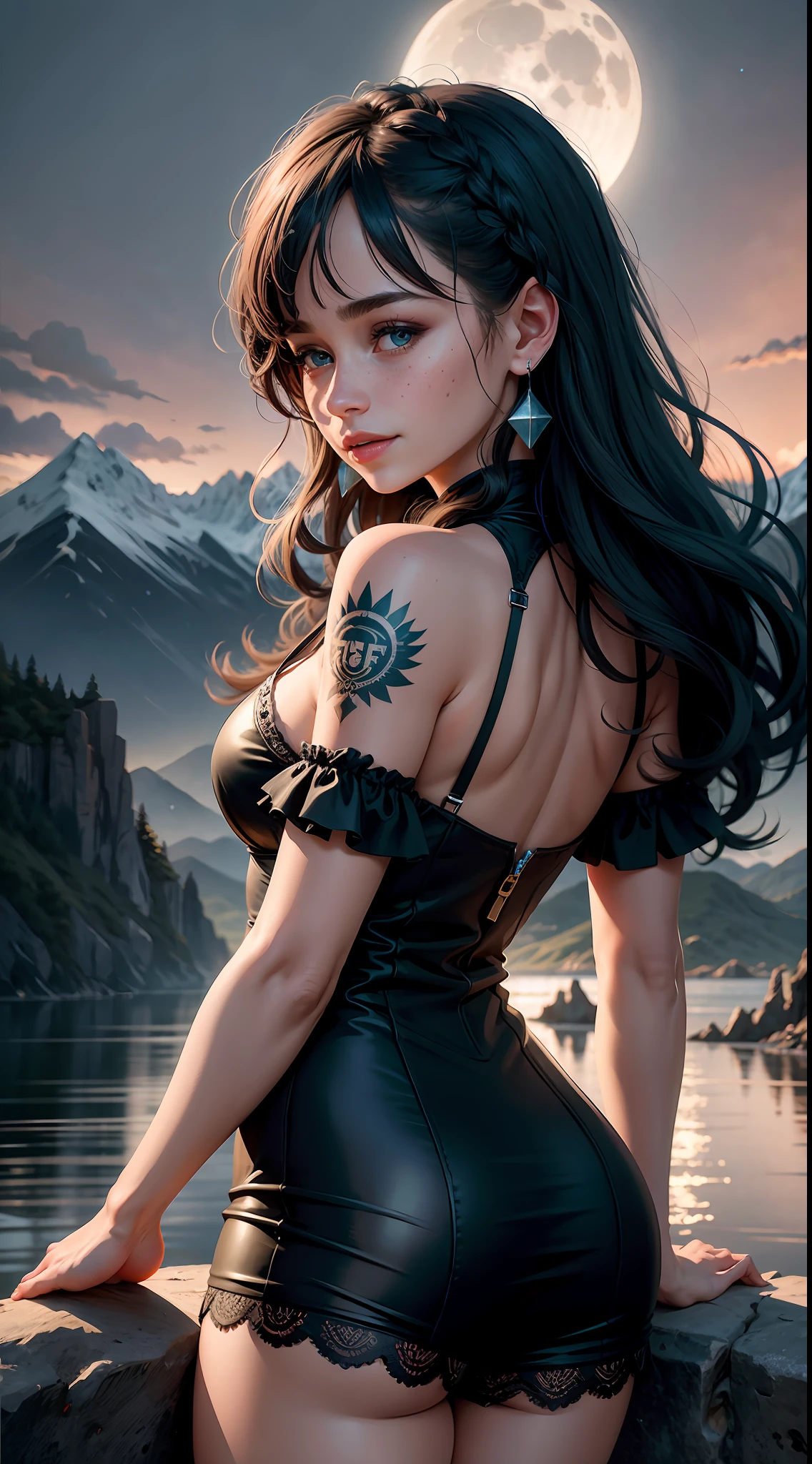 Emilia Clarke, cheerful face, happy, smiling, freckles on the face, black hair with bluish glow freso with bow and fringe hair in the eyes wavy original, long eyelashes, beautiful blue eyes with brightness, lipstick, surrealism, shadow, stereogram, (photorealistic, realistic: 1.2), POV, atmospheric perspective, cinematic lighting, ray tracing, 8k, super detail, best quality, masterpiece, well detailed, (Canan EOS R6, 135mm, 1/1250s, f/2.8, ISO 400:0.9), cold twilight night background, mountains and clouds on the horizon, damp, ugly lights, white neckline, back, round ass, lace shorts, detailed Moon cord, large earrings, tattoos.