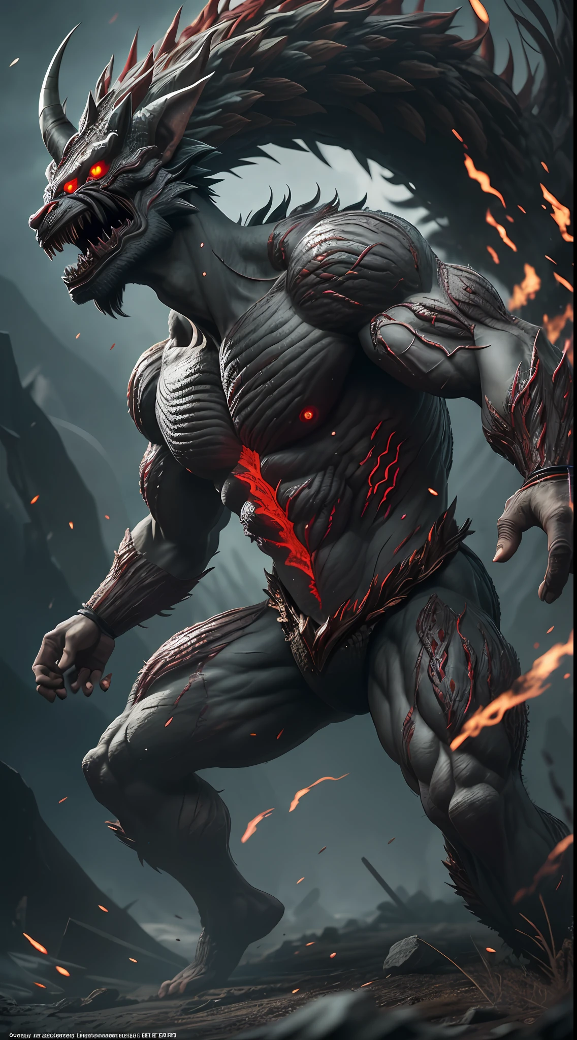 incredible shot of the troll-like monster Grendel, with red eyes of fury before the final battle with Beowulf, full body intricate design and details, ultra-detailed, highest detail quality, ultra-realistic, photography lighting, photorealistic, cinematic, movie quality rendering, octane rendering 32k UHD