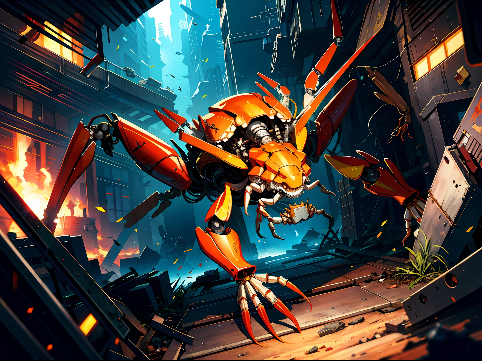 HD clear, best images, illustrations, super detailed, a mechanical crab, shot by a laser cannon, broken wreckage